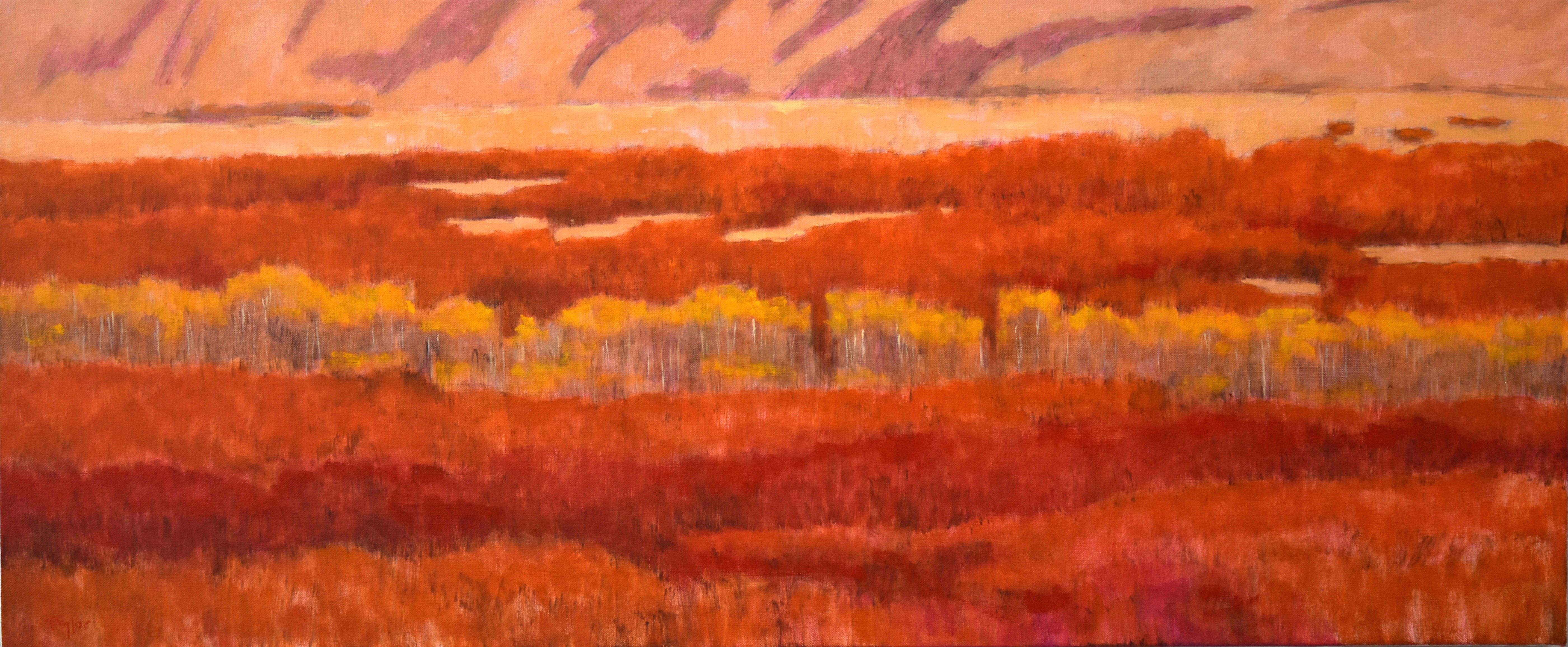 Oak Ocean (Fall landscape, orange/red colors, Aspen trees, cliffs) - Painting by Andy Taylor