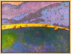 Round Bale (Vibrant contemporary western landscape with golden hay bales & mtn)