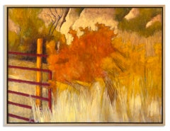 Six Stripes (Contemporary western landscape in oil with red ranch gate)