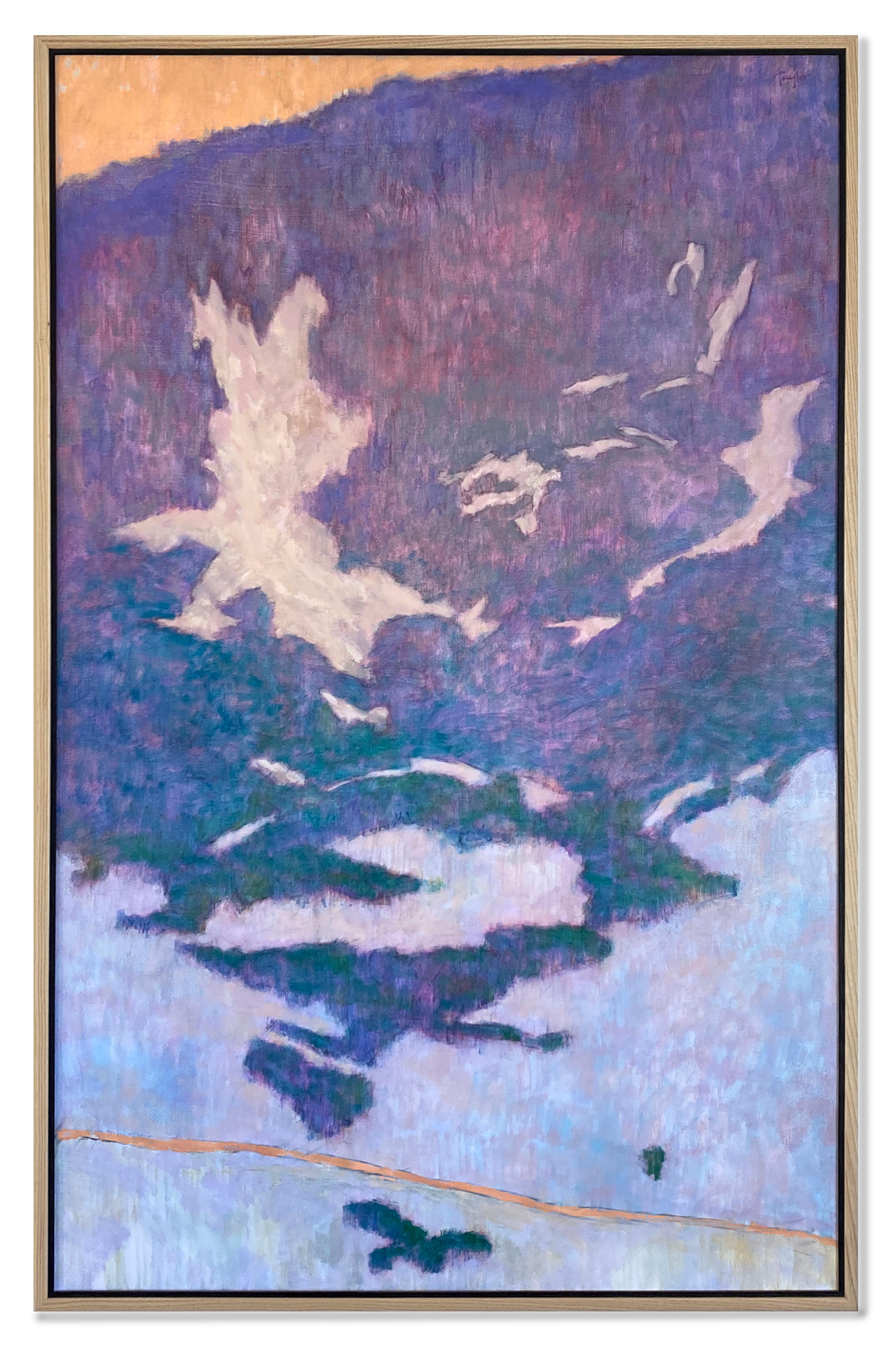 Wedding Road (mountain winter-scape, snow, purples, blue, green, peach) - Painting by Andy Taylor