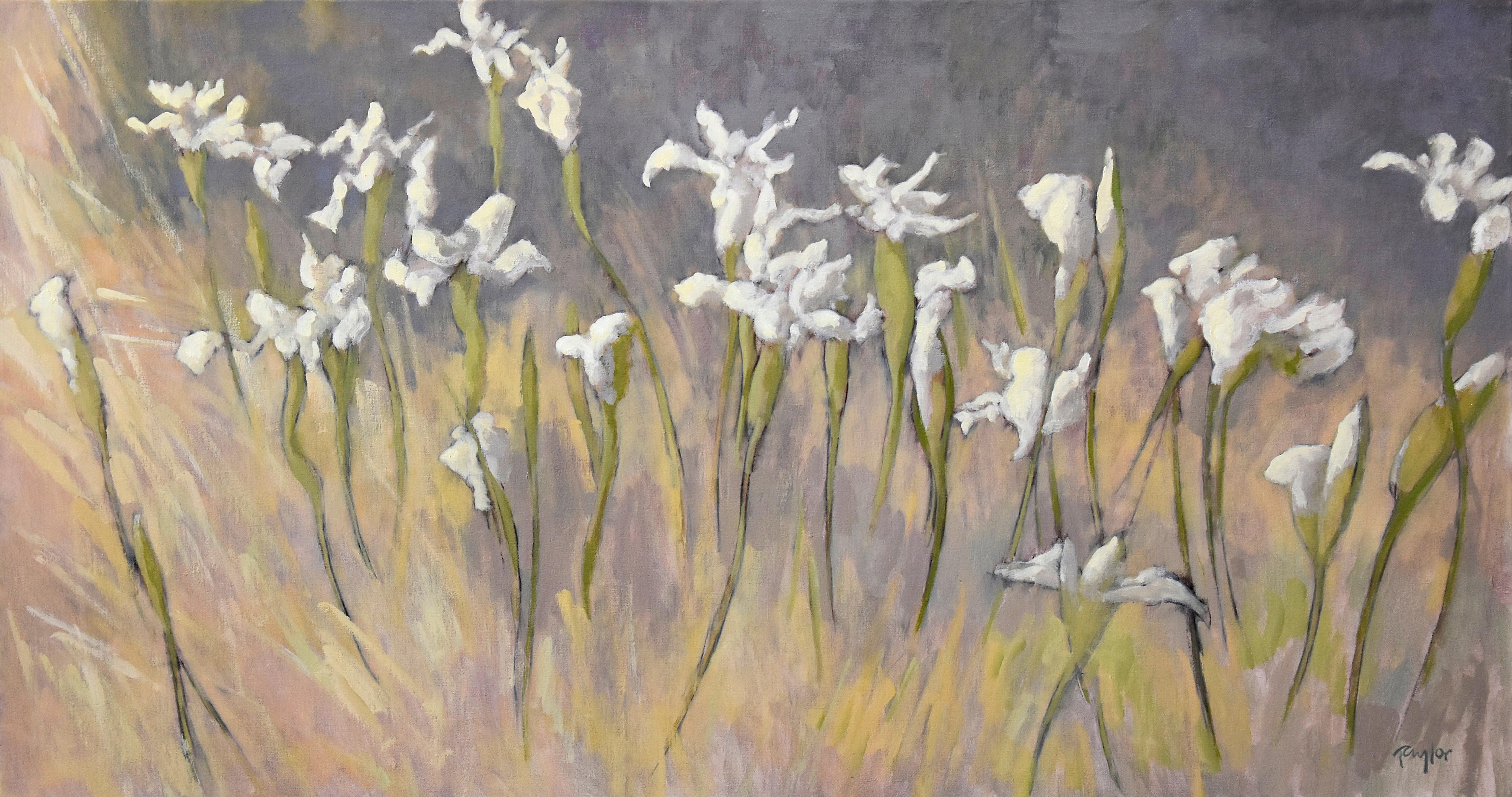 Andy Taylor Figurative Painting - White Siberian (flowers, iris, muted colors)
