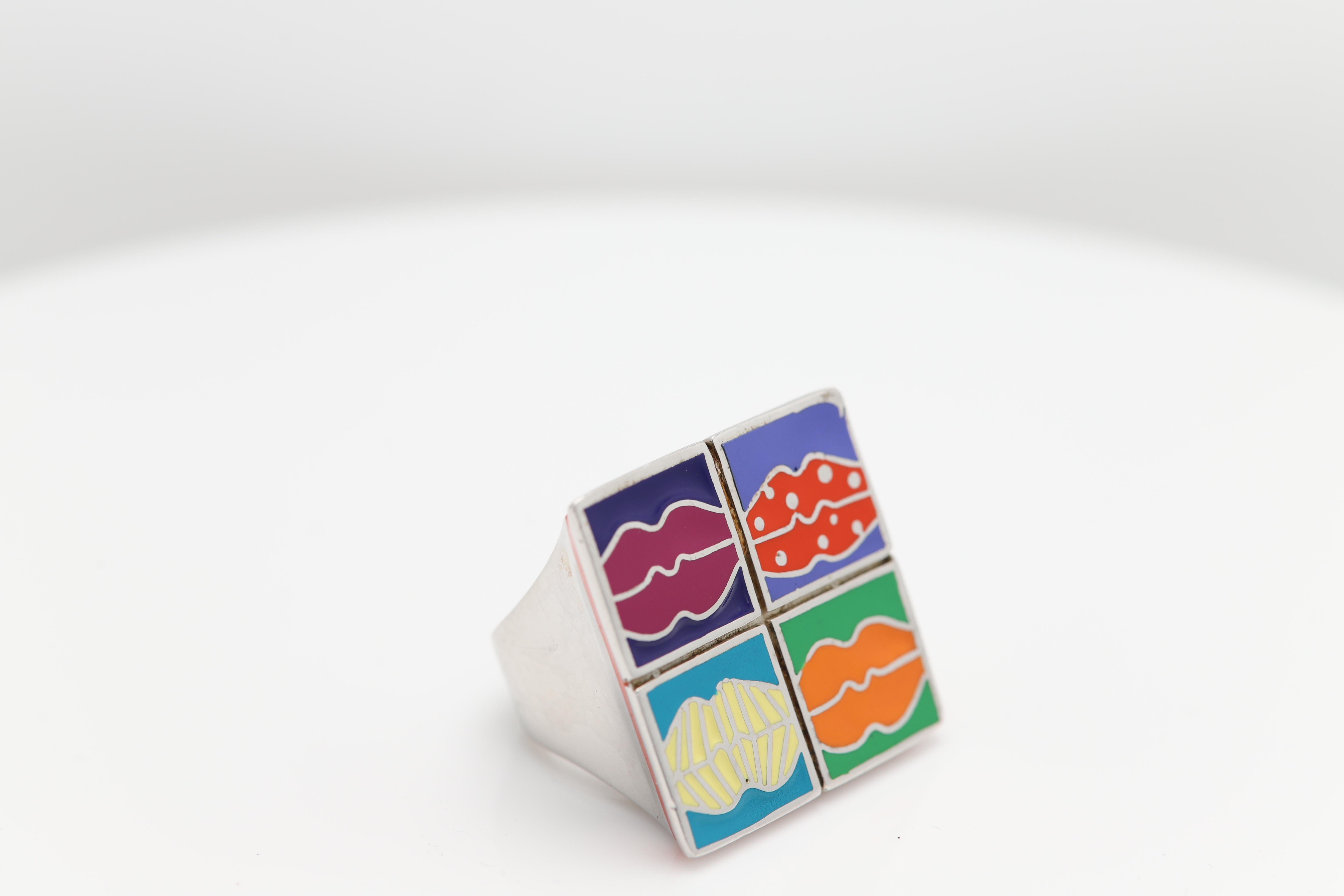 Andy Warell Inspired Art Ring Sterling Silver Famous Artist Enamel Ring For Sale 2