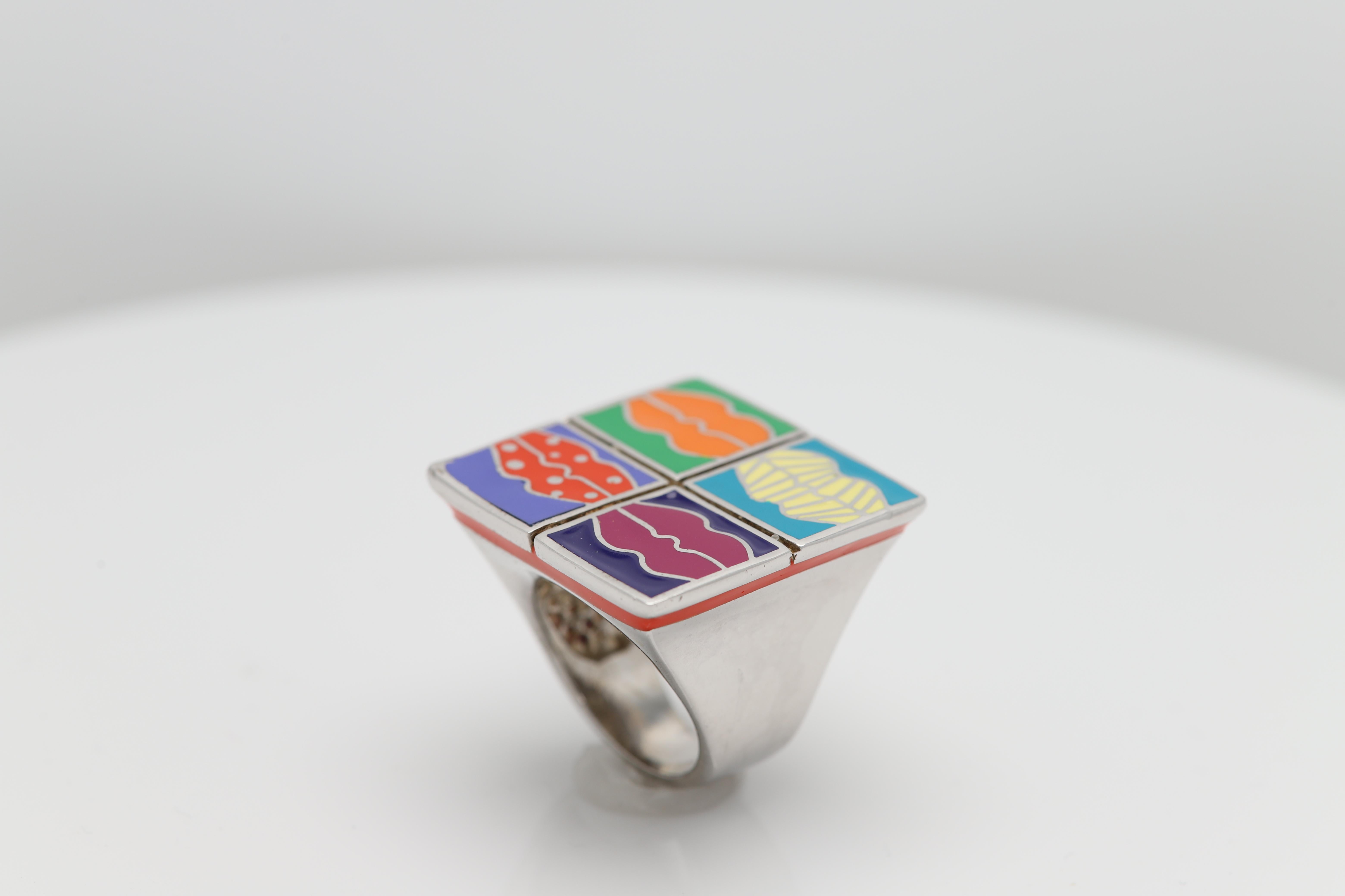 Andy Warell Inspired Art Ring Sterling Silver Famous Artist Enamel Ring For Sale 3