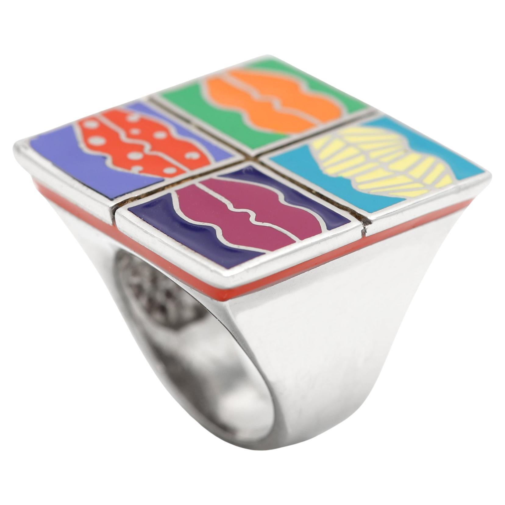 Andy Warell Inspired Art Ring Sterling Silver Famous Artist Enamel Ring For Sale