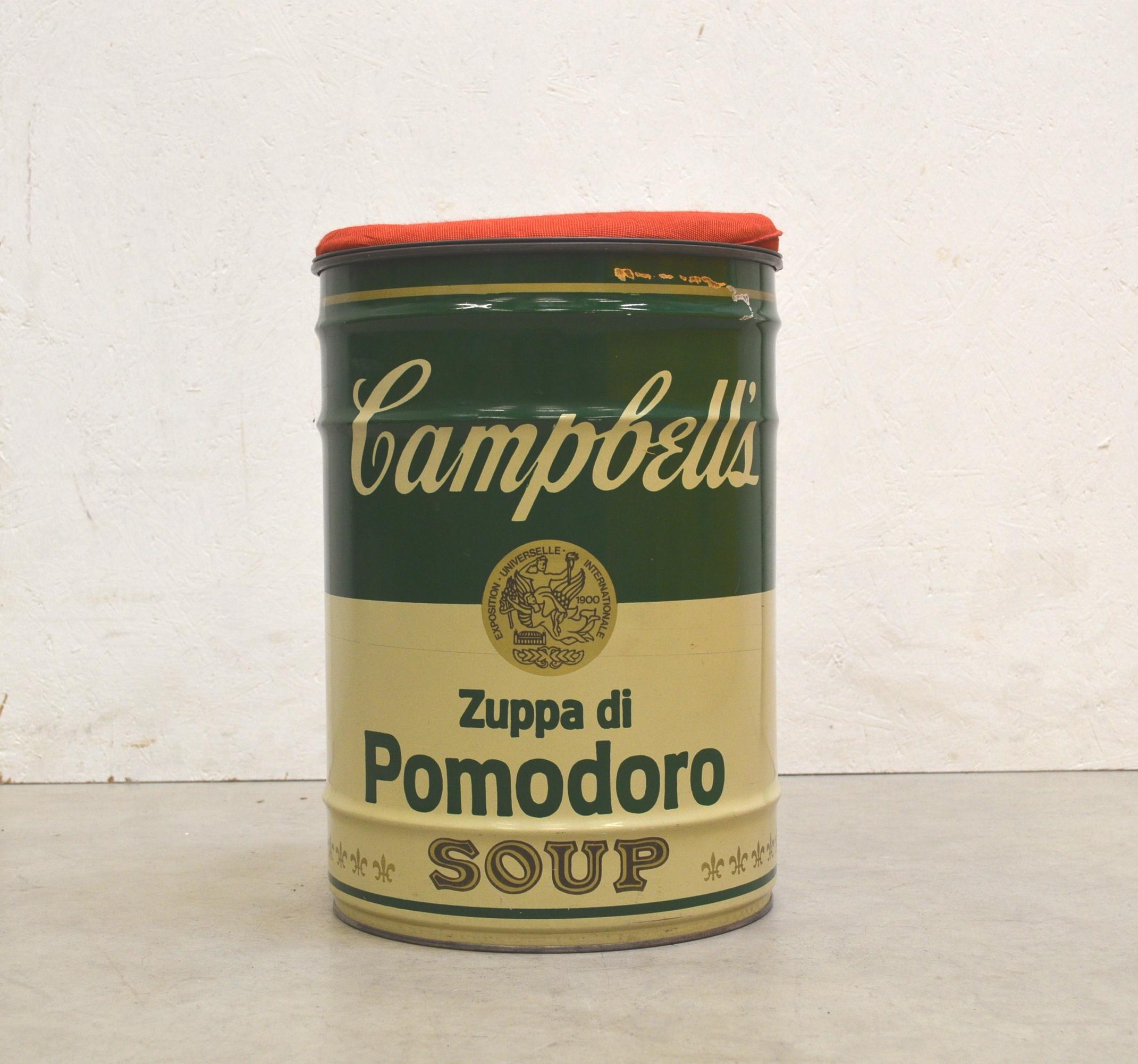 This rare stool was designed by Dino Gavina as a tribute to Andy Warhol and produced by Studio Simon in 1971 as part of the seminal Ultramobile Exhibition- Collection. 

The piece features the form of the Campbell can which was designed by Andy