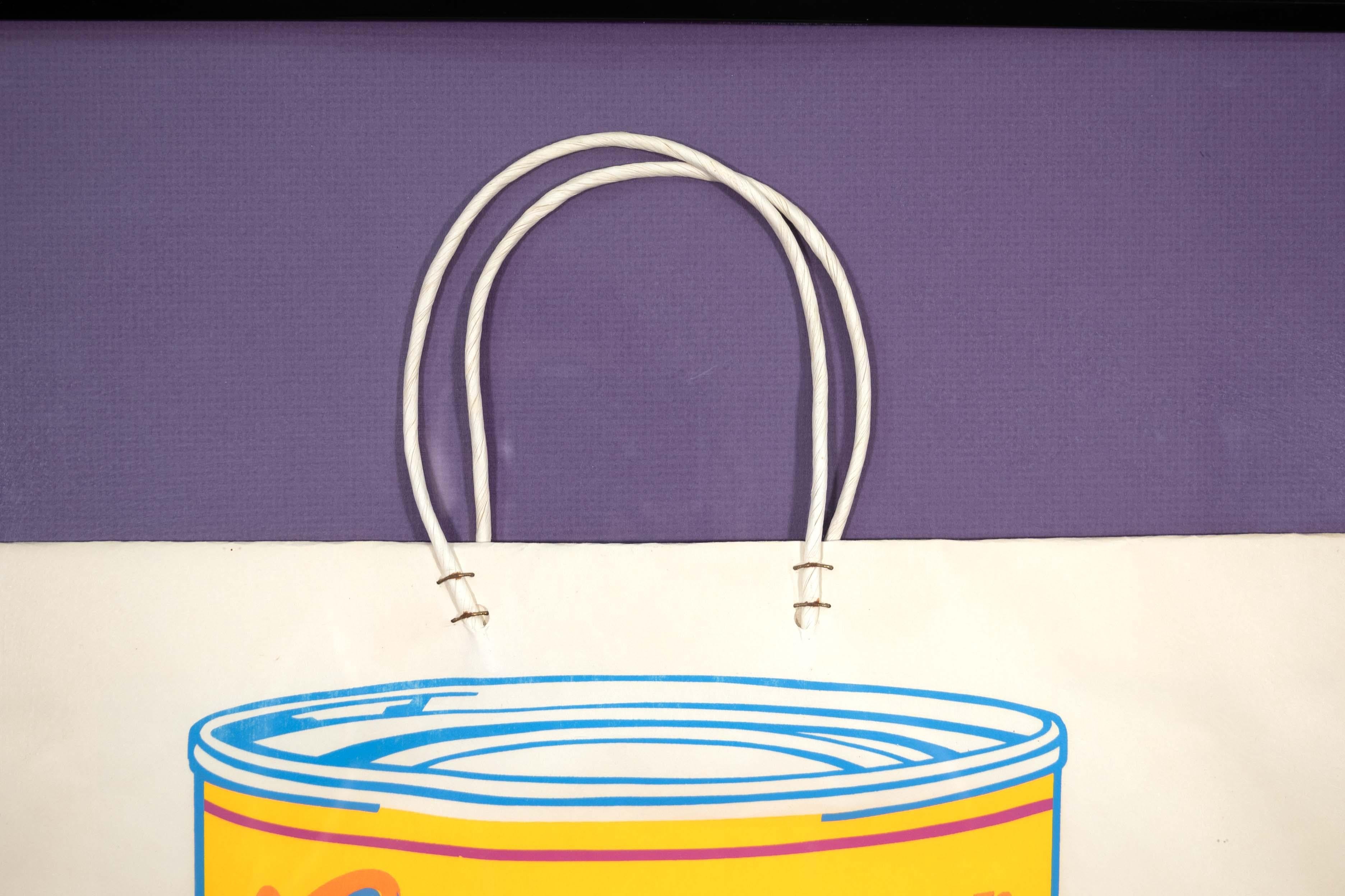 A modern silkscreen in colors on a paper shopping bag titled “Campbell’s Soup Can (Tomato)” by Andy Warhol. Limited edition for the 1966 exhibition of Andy Warhol at the Institute of Contemporary Art Boston. The soup cans were one of Warhol's most