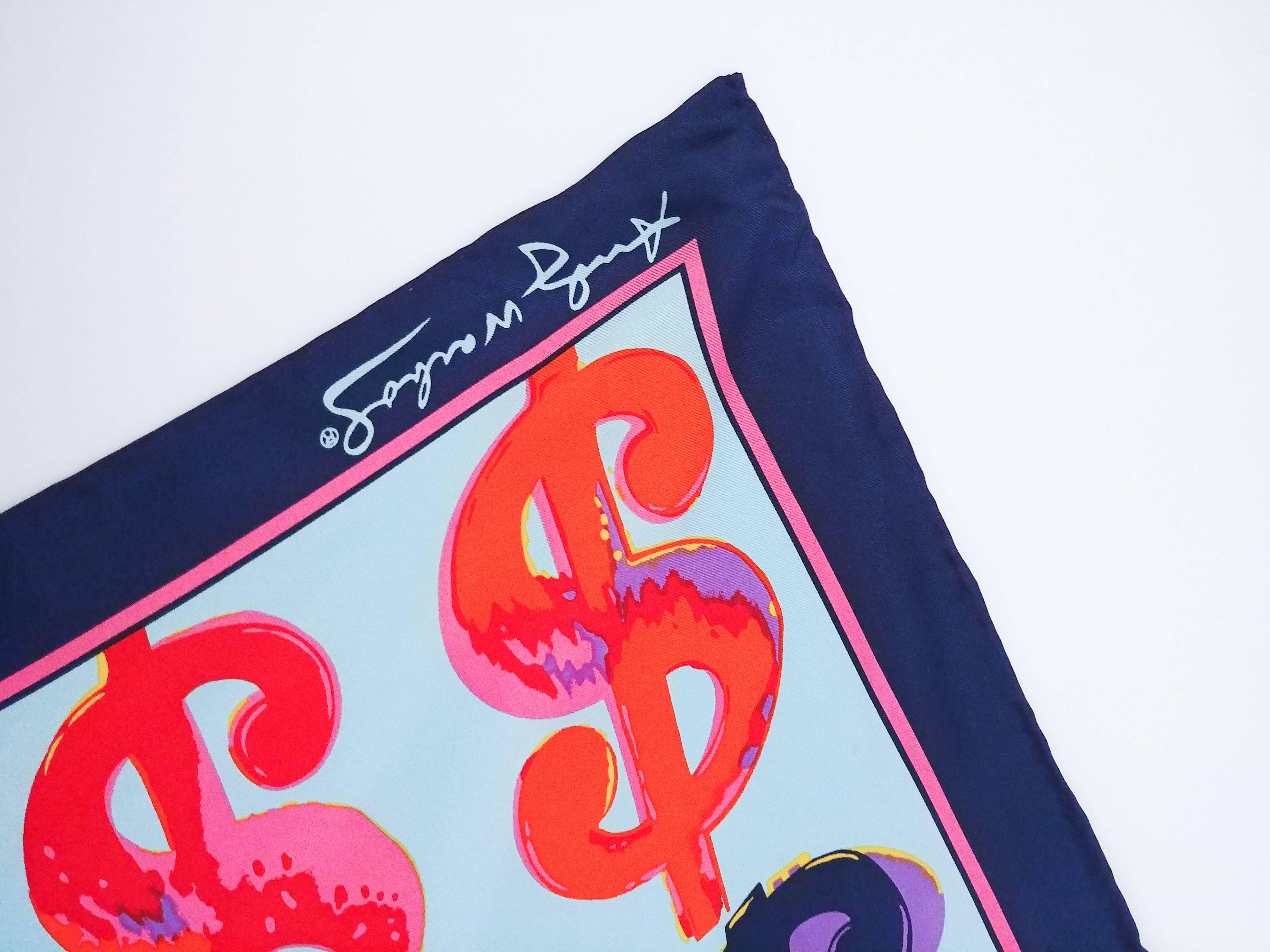 Dollar Pop Art silk scarf after Andy Warhol. Neon colored pop art silk scarf with original tag and hand rolled edges. 