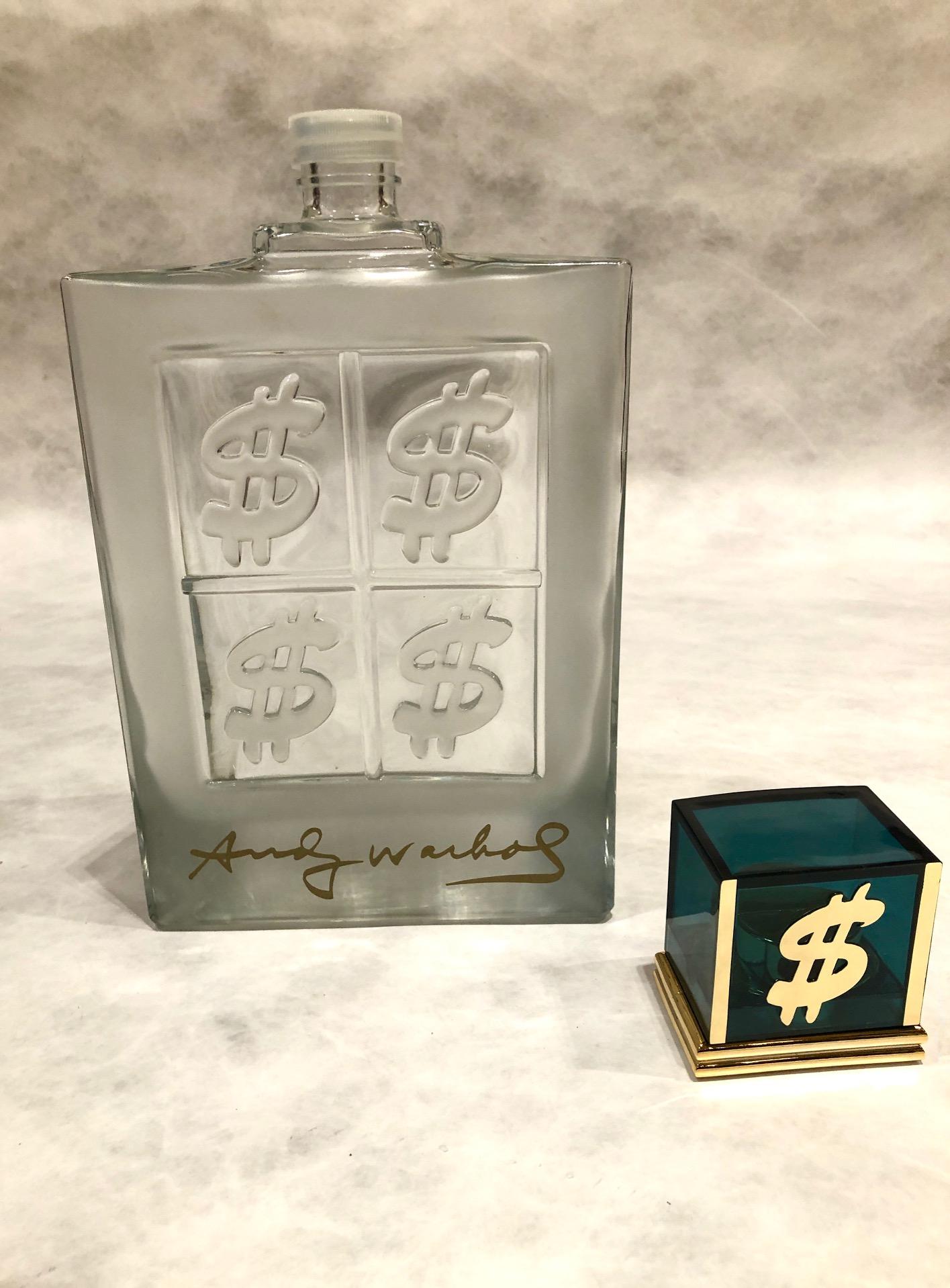 Rare oversized Lalique style glass decanters/ display bottles, signed Andy Warhol. These bottles were made for Henri Bendel in NYC and were used as display.