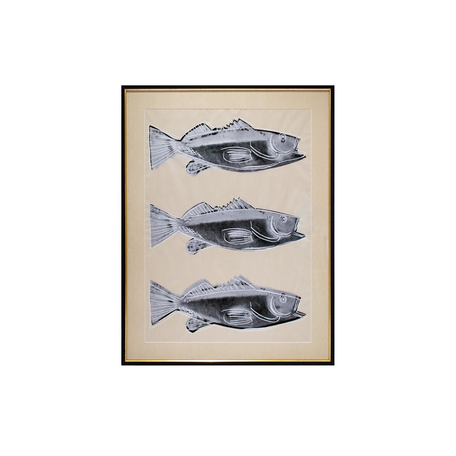 Beautifully framed Fish (F. & S. IIIA.39) screen print in color, on wallpaper, with full margins by Andy Warhol, American 1983. This has been custom framed by Lobel Modern. There is a window on the back which shows all Warhol Estate stamps and