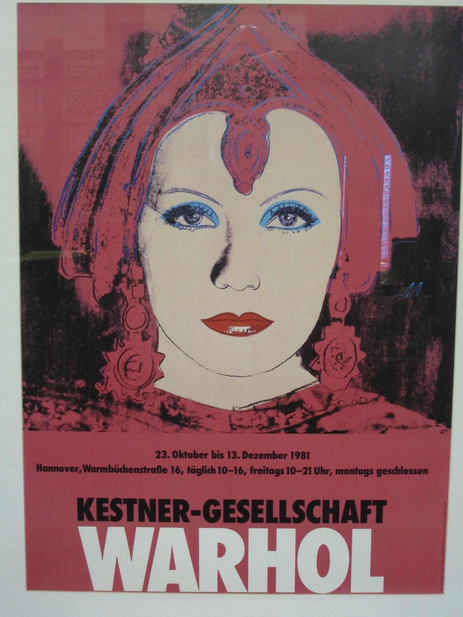 A vintage Warhol Kestner-Gesellschaft retrospective German gallery show poster which ran through Oct. 23rd-Dec. 13th 1981. Printed to the lower edge of the piece is Photo / Eeva-Inkeri Courtesy Ronald Feldman Fine Arts Inc. / New York, Druck TH. -