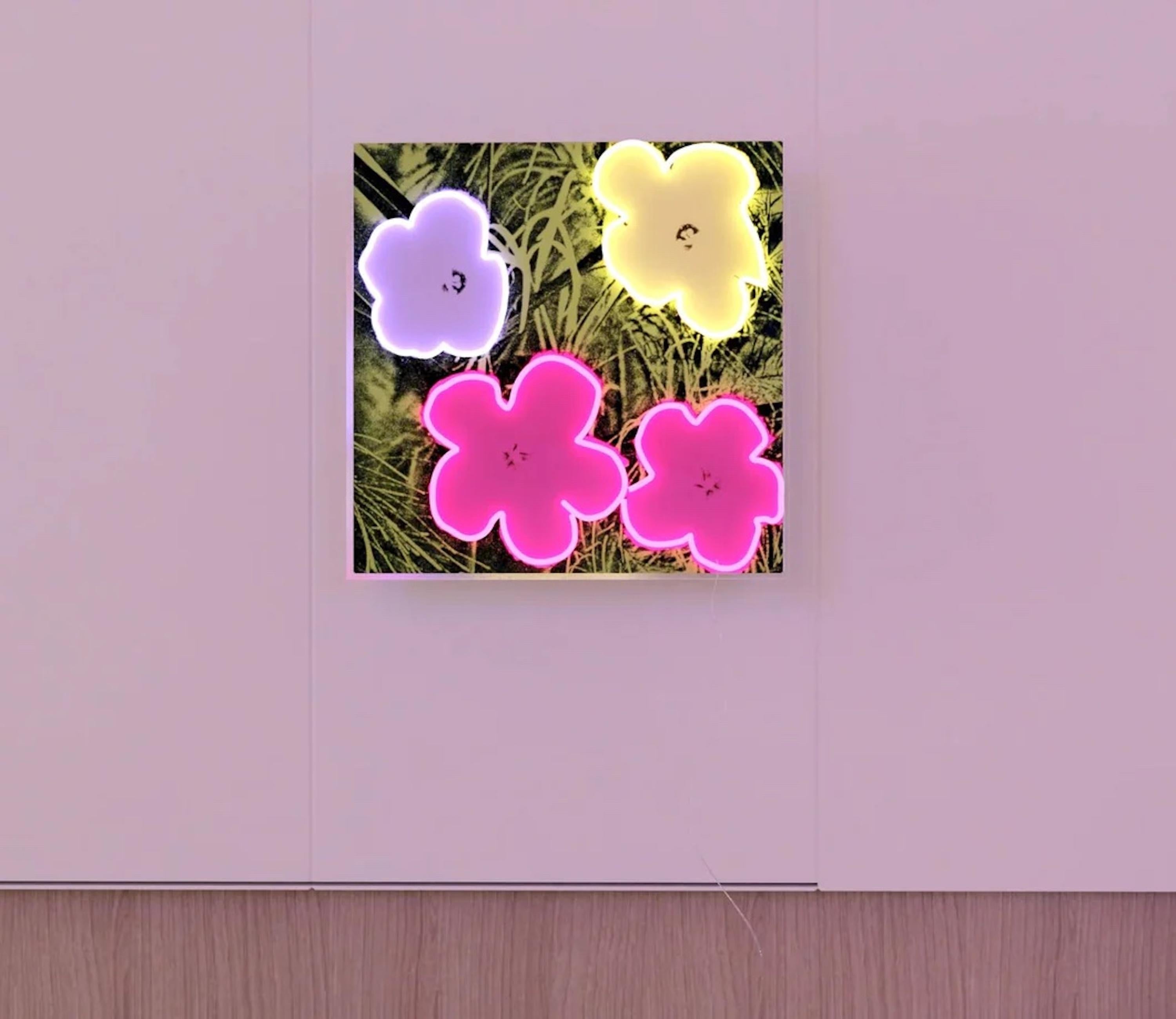 Yellowpop after Andy Warhol
Neon Flowers lighted Wall Hanging/Sign, 2022
Neon flex material, consisting of PVC or Silicon piping with LED lights mounted on a recycled acrylic board
Edition 258/500 (numbered on COA)
Box is plate signed; accompanied