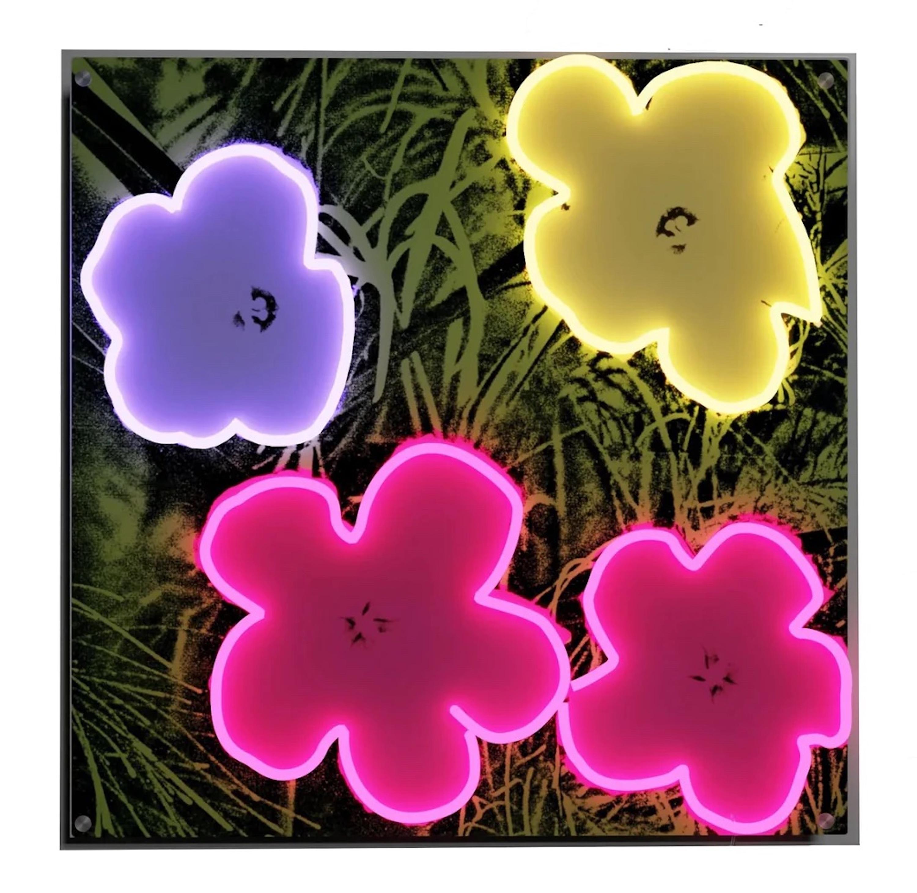 Suspension murale/signe jaunepop Neon Flowers éclairée - tout neuf dans sa boîte - Art de Andy Warhol
