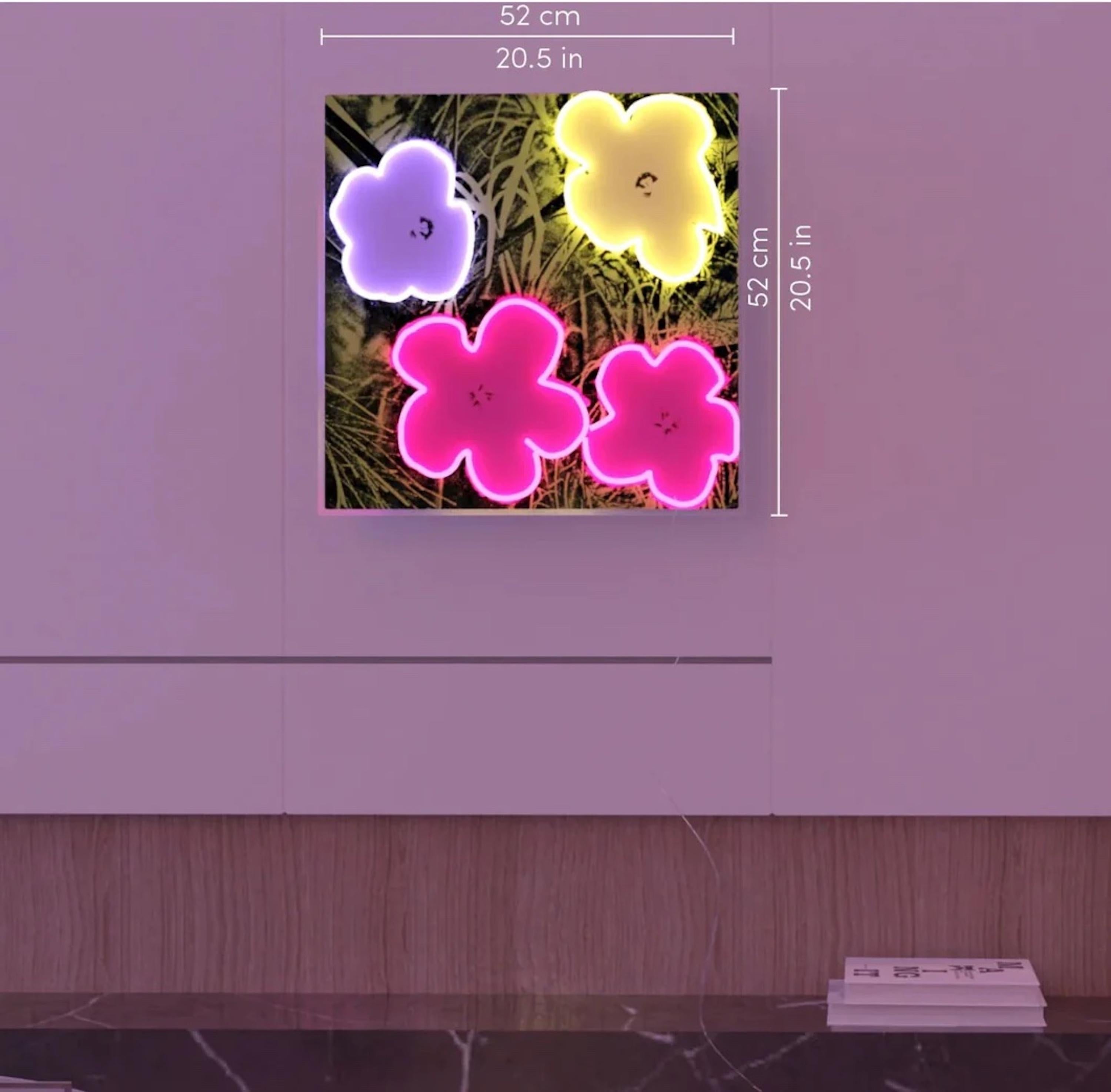 Andy Warhol
Neon Flowers lighted Wall Hanging/Sign, 2022
Neon flex material, consisting of PVC or Silicon piping with LED lights mounted on a recycled acrylic board
Box is plate signed; accompanied by official numbered COA authorized by the Warhol