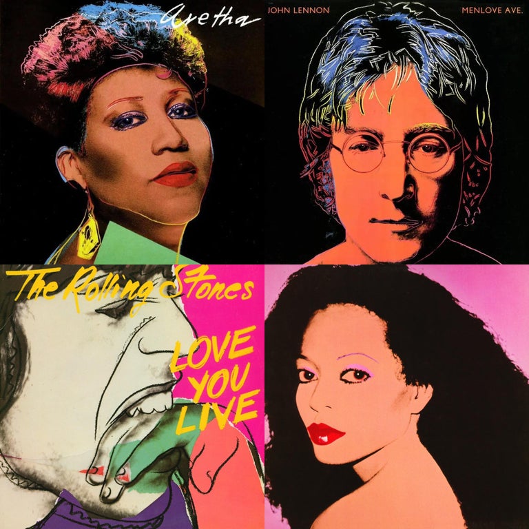 Andy Warhol Record Art 1977-1986:
Set of 4 Andy Warhol illustrated record albums accompanied by their original vinyl records:

Warhol''s classic rendition of Diana Ross, Aretha Franklin, The Rolling Stones & John Lennon - when combined, make for