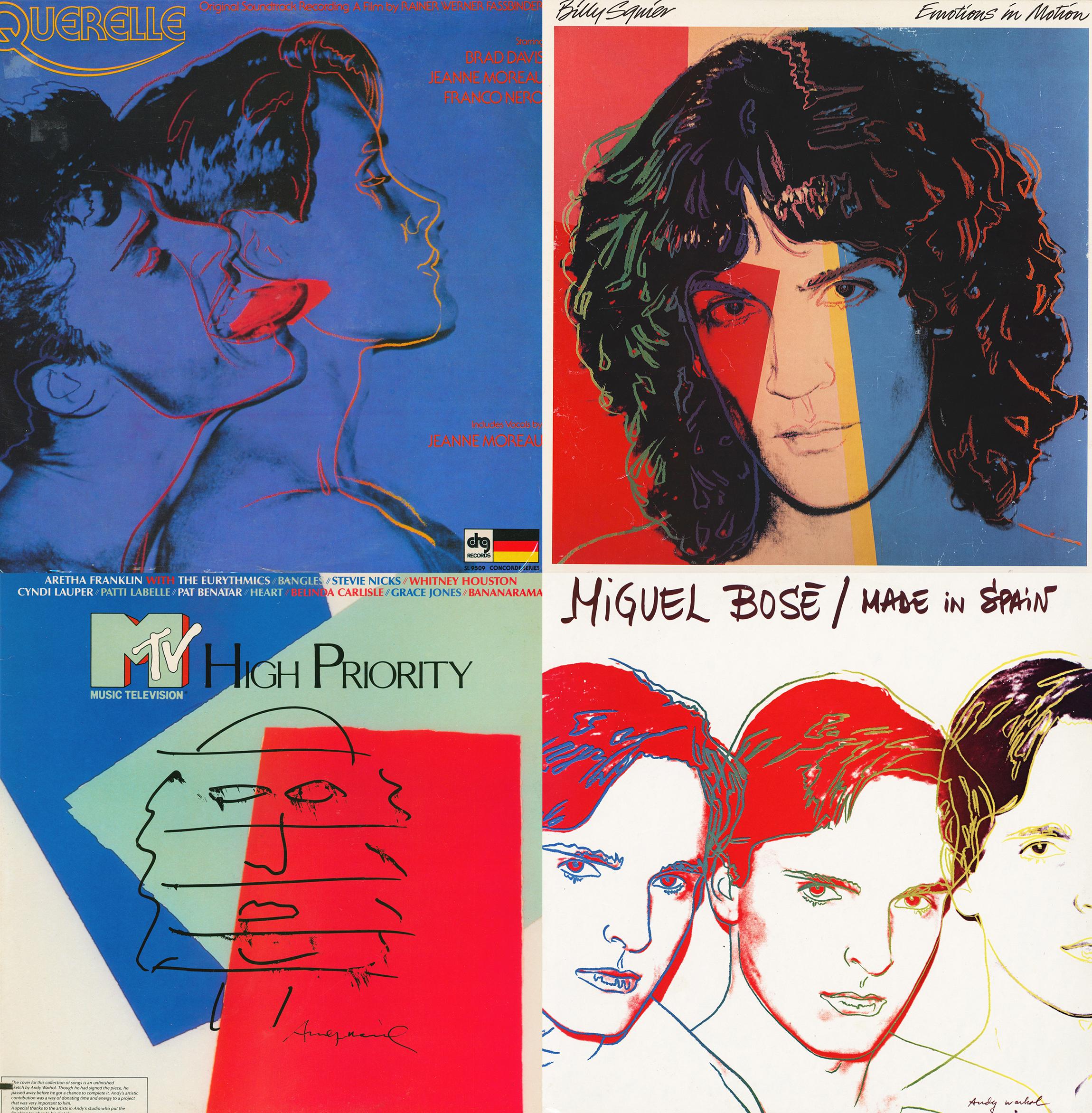 Andy Warhol album art:
A collection of 4 LPs with individual cover art designed by Andy Warhol between 1982-1987:

12 x 12 inches / 30.48 x 30.48 cm (applies to each individual).
Covers: Ranging from good to very good overall vintage