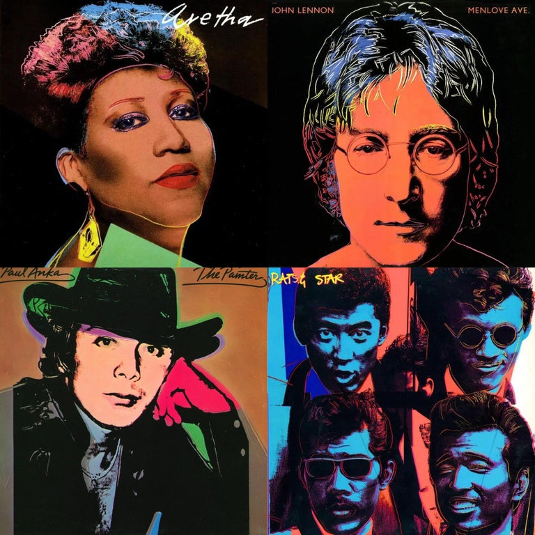 Andy Warhol Record Art 1976-1986: Set of 4 Andy Warhol illustrated record covers (accompanied by their original records): 
Warhol's classic rendition of  Aretha Franklin, John Lennon, Paul Anka & the early 1980s Japanese post-punk band Rats & Star -