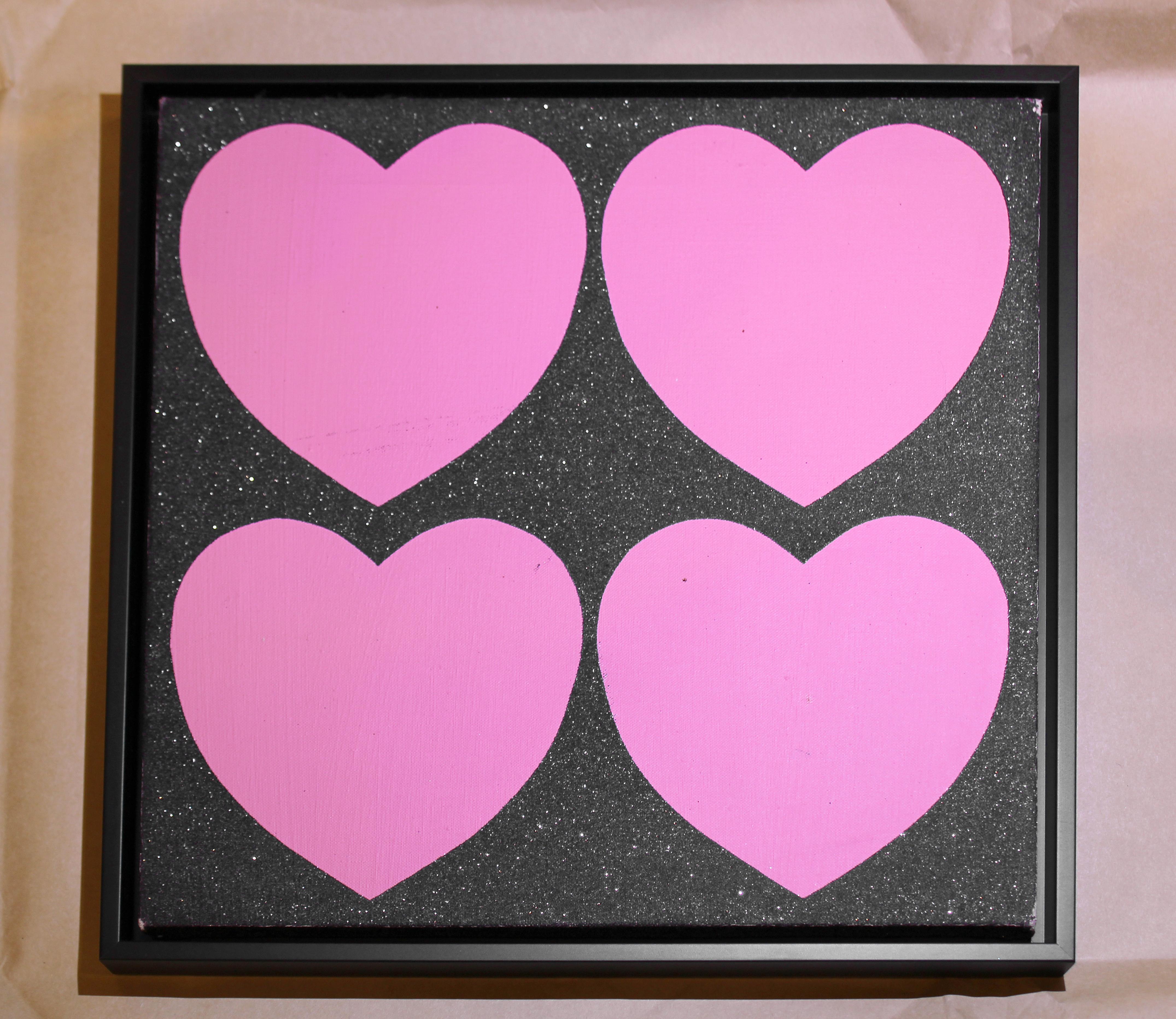 Unique silkscreen painting by Andy Warhol.

Four Hearts, is a painting Warhol created in 1986, featuring silkscreen enamel and diamond dust on canvas.  This work is signed and dedicated on the reverse by Andy Warhol.  It is believed that Warhols