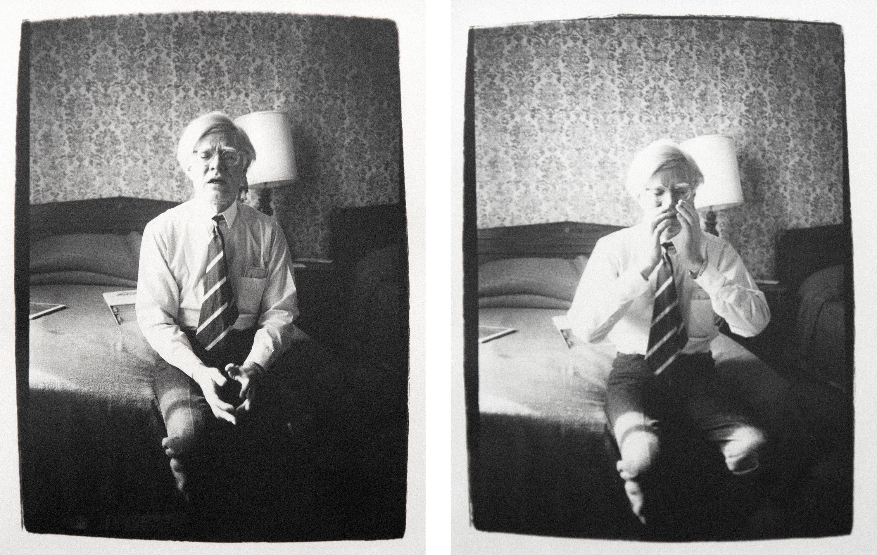 A set of two photographs by Andy Warhol. "Andy Warhol" is a set of two gelatin silver prints by American pop artist Andy Warhol. The artwork is numbered FL01.00020, FL01.00019, and AWL180. Each print measures 10 x 8 in. and they are framed