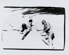 Christopher Makos, Pat Cleveland, and Jon Gould on a beach in Montauk