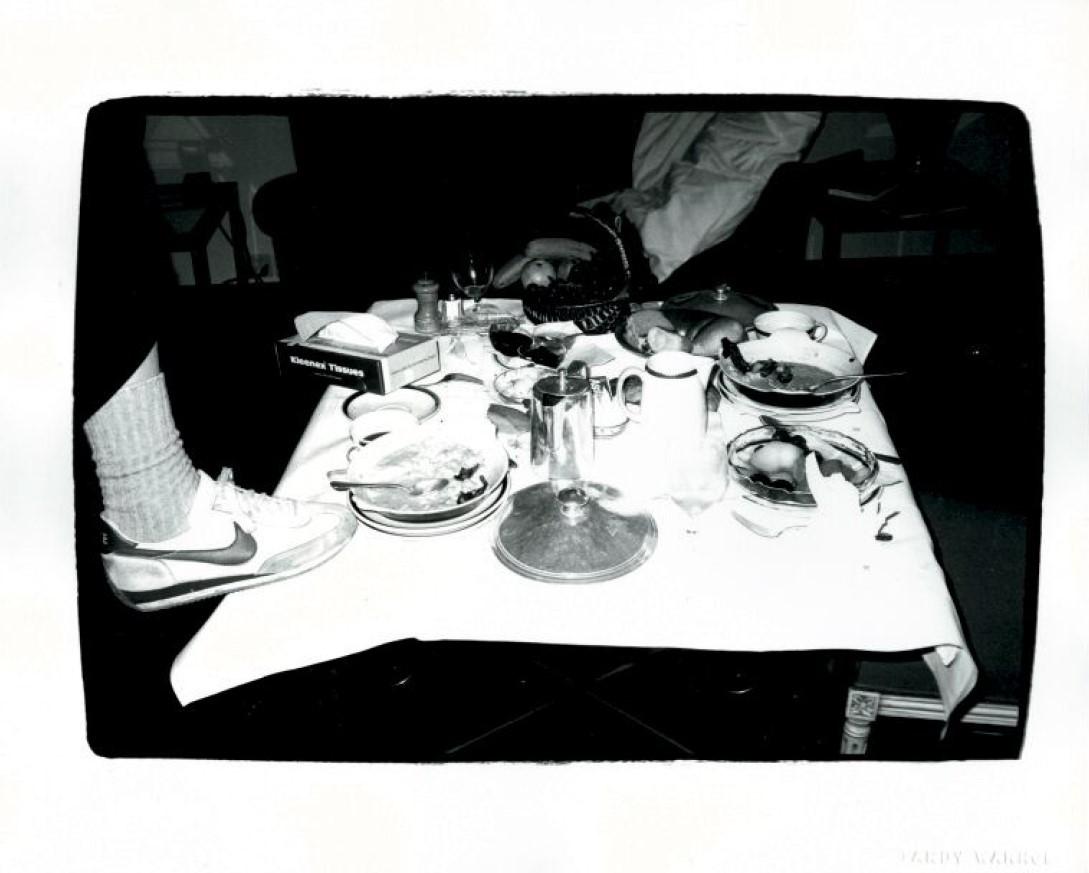 Andy Warhol Black and White Photograph - Dishes and Person's Foot