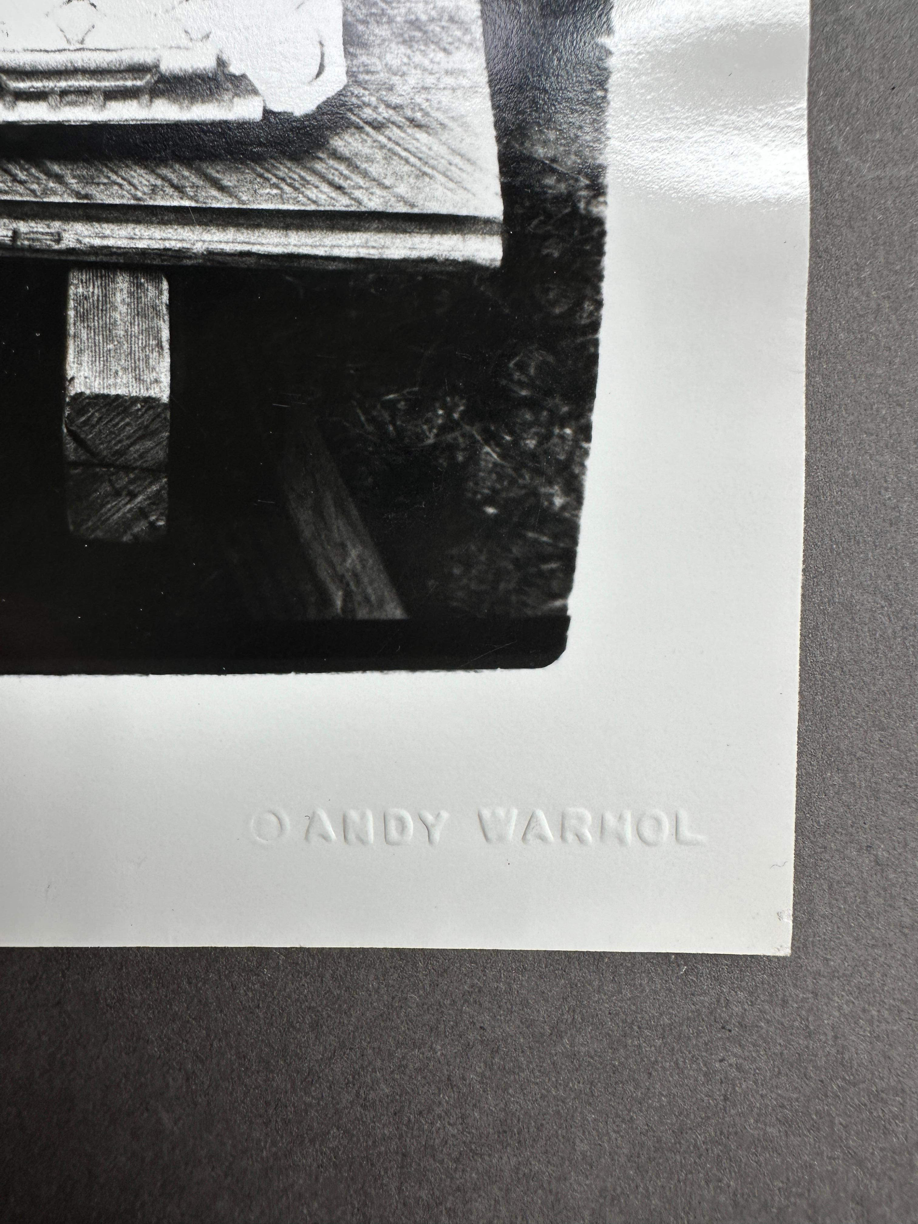 From The Jon Gould Collection of Andy Warhol Photographs 

This work is not signed by the artist, however, each photo is unique and blind embossed “Andy Warhol” in the lower right corner (pictured). This item has not been officially stamped by The