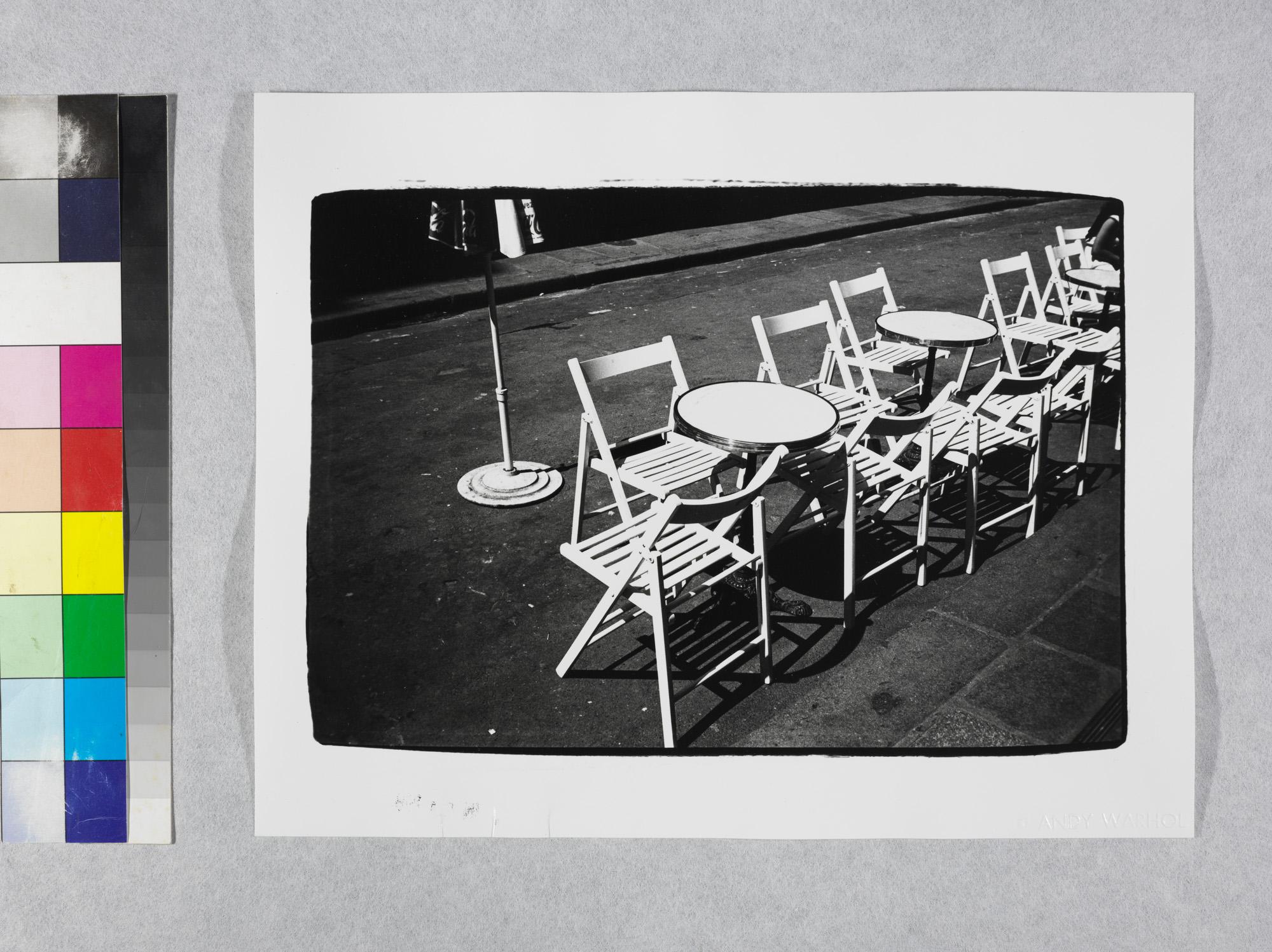 Gelatin silver print of Cafe Chairs and Tables on Street by Andy Warhol For Sale 2