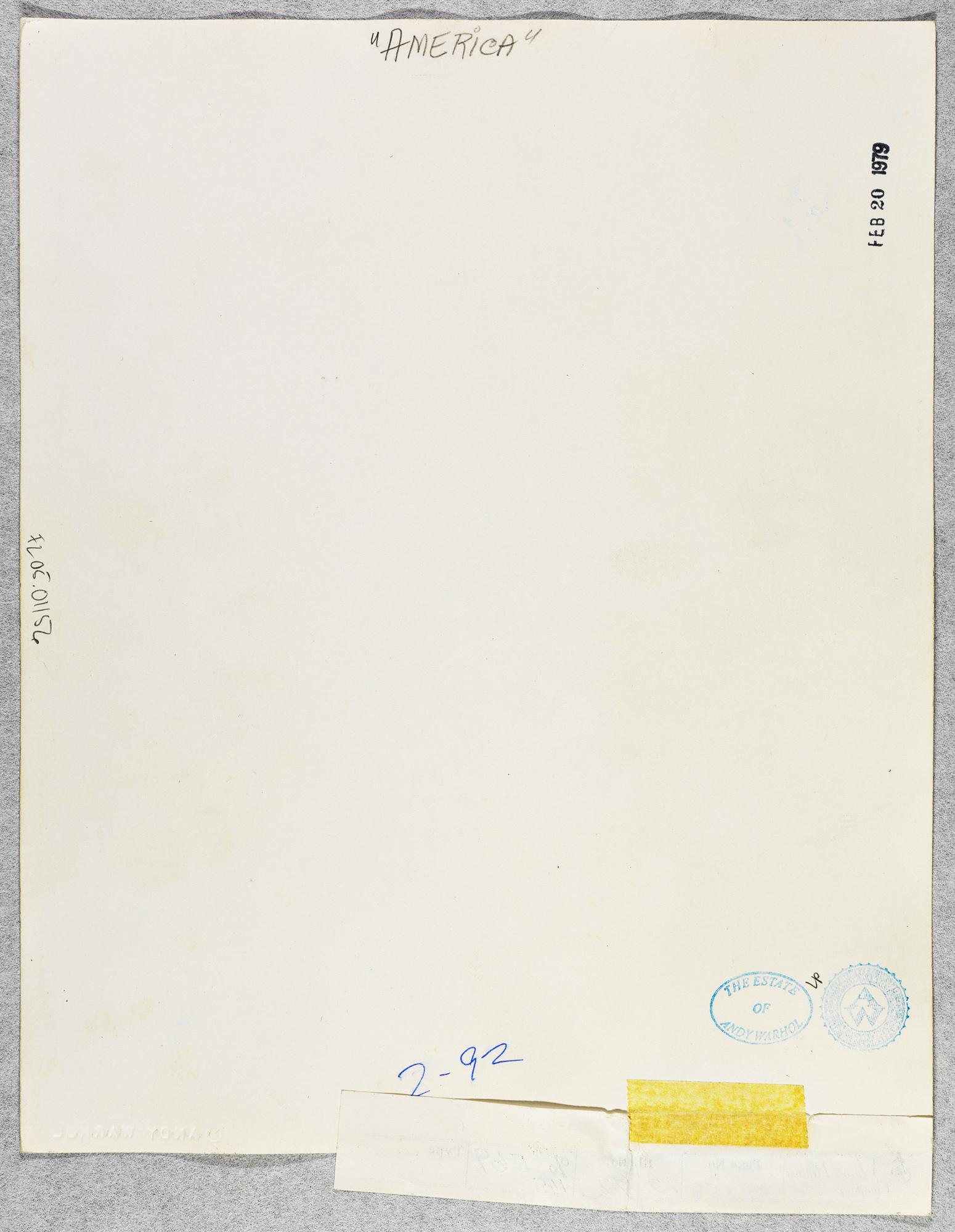 Work comes with a Certificate of Provenance.
Stamped on the verso by the Estate of the Artist and The Andy Warhol Foundation for the Visual Arts. Foundation number also on verso.
Provenance: From the Estate of the Artist, to The Andy Warhol