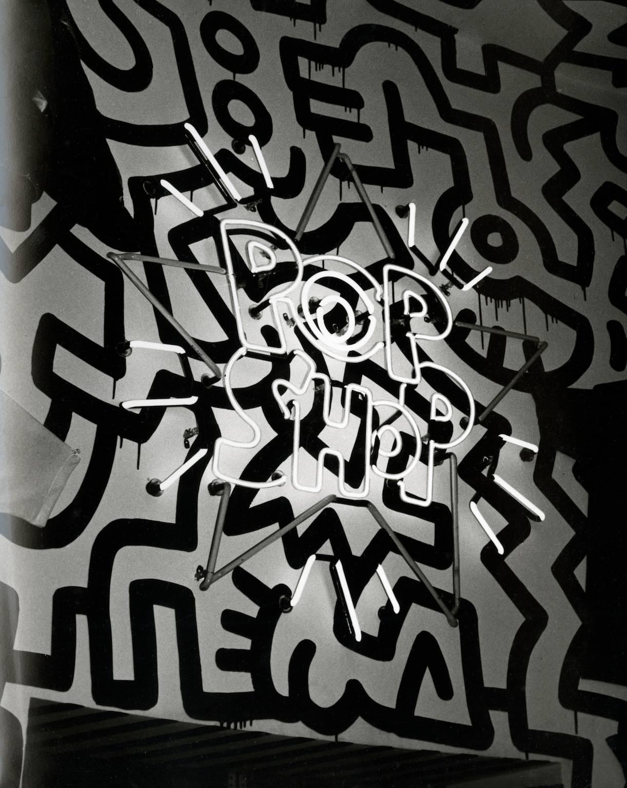 Andy Warhol Black and White Photograph - Photograph of Keith Haring's POP SHOP Neon Sign