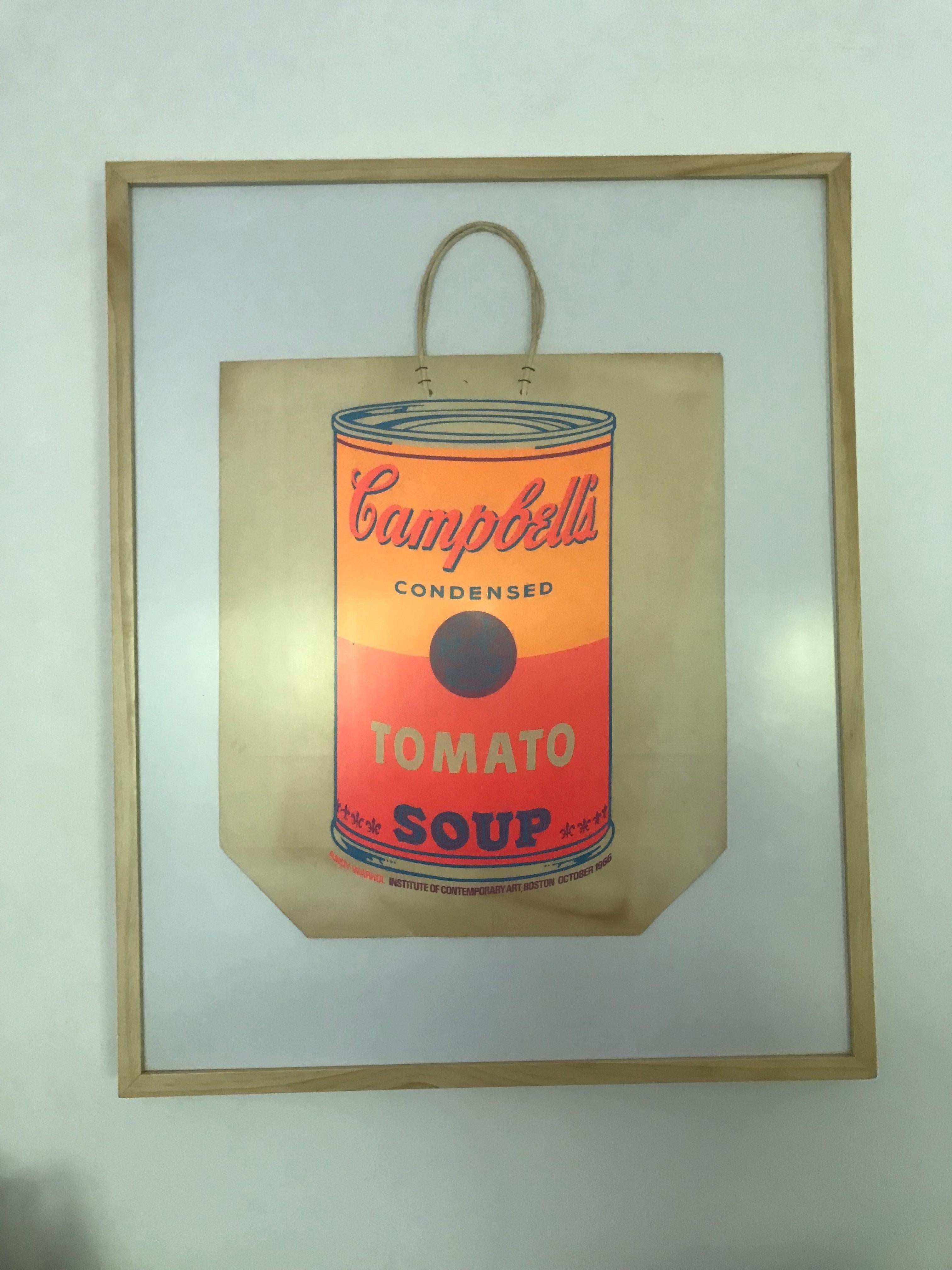 1928 -1987
What can I say about Warhol that hasn't been said before.
Except that this piece of art is a fine example of his American consumer culture aesthetic.
Screen printed Campbell's soup can image on shopping bag. 
This was a limited production