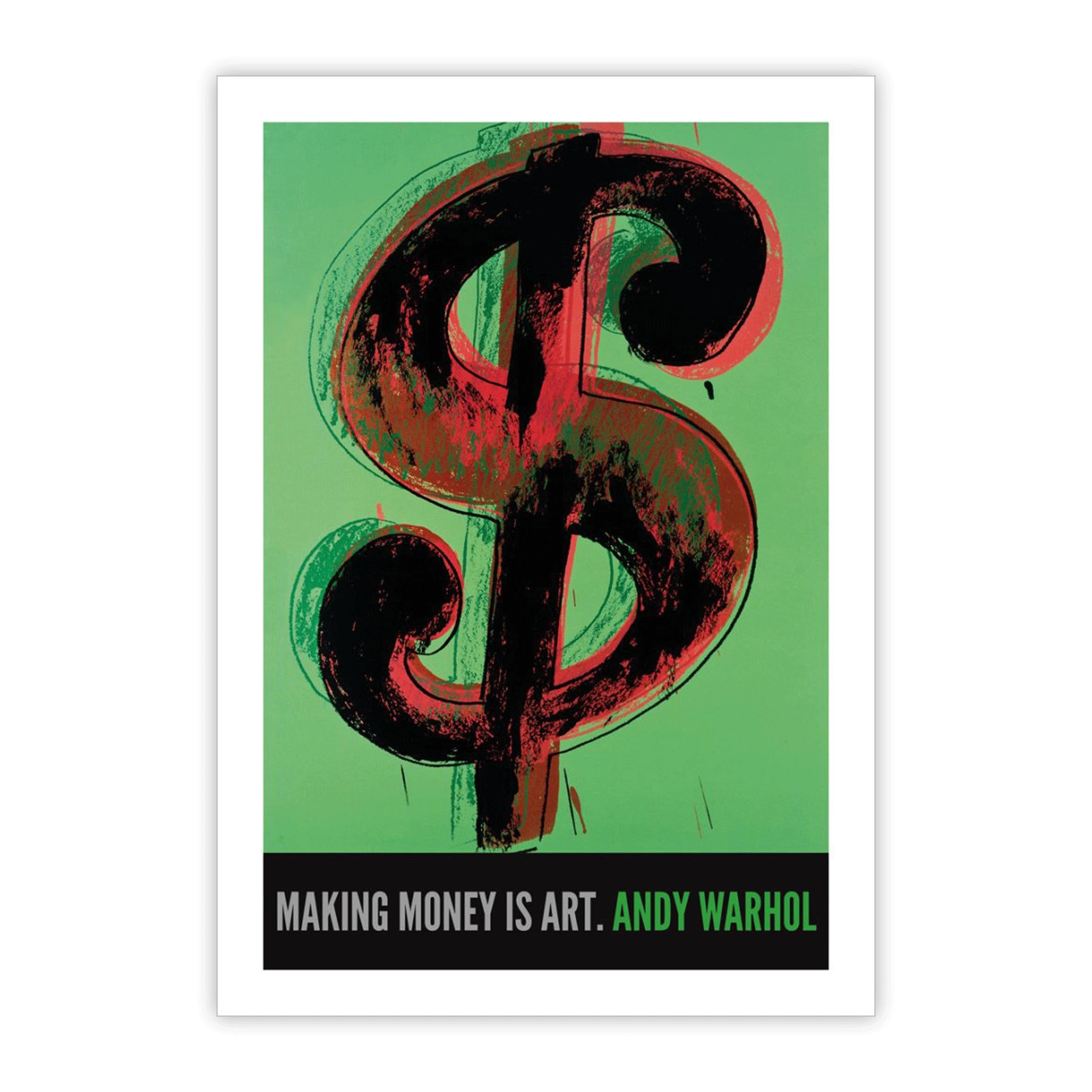 Andys ikonisches 1-Dollar-Poster, wunderschön reproduziert als Giclée-Druck auf schwerem Aquarellpapier mit seinen Worten "Geldverdienen ist Kunst". Dieses großformatige Poster macht sich in jeder Einrichtung gut. 

Papierformat 100 x 70 cm