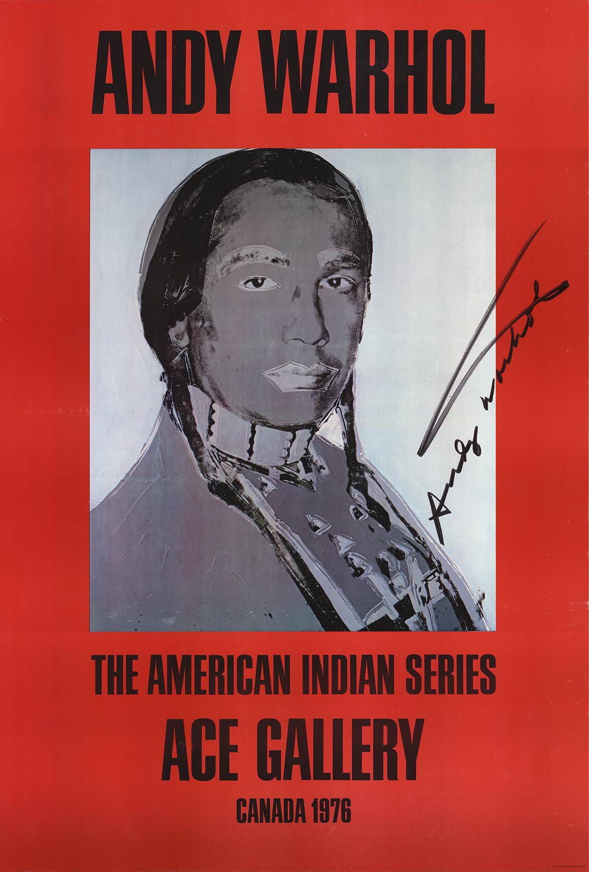 This hand-signed American Indian (Red) offset lithograph by Andy Warhol, created in 1977, is a striking piece featuring a vibrant portrait of Native American activist Russell Means. The poster, with a paper size of 50 x 34 inches and an image size