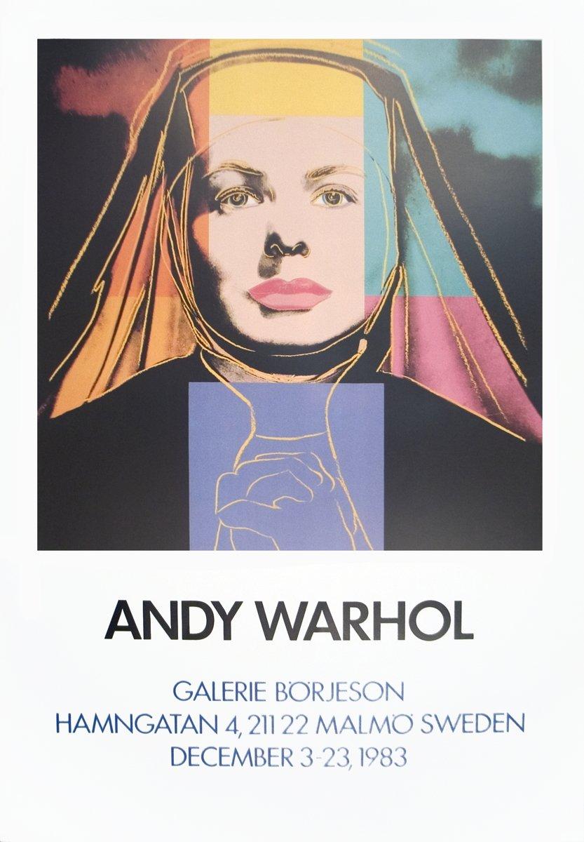 This original poster is a portrait of Ingrid Bergman as a nun, created by Andy Warhol as part of his series of portraits of the iconic actress. The series was presented at Galeri Borjeson in Malmo, Sweden, in 1983, showcasing Warhol's distinctive