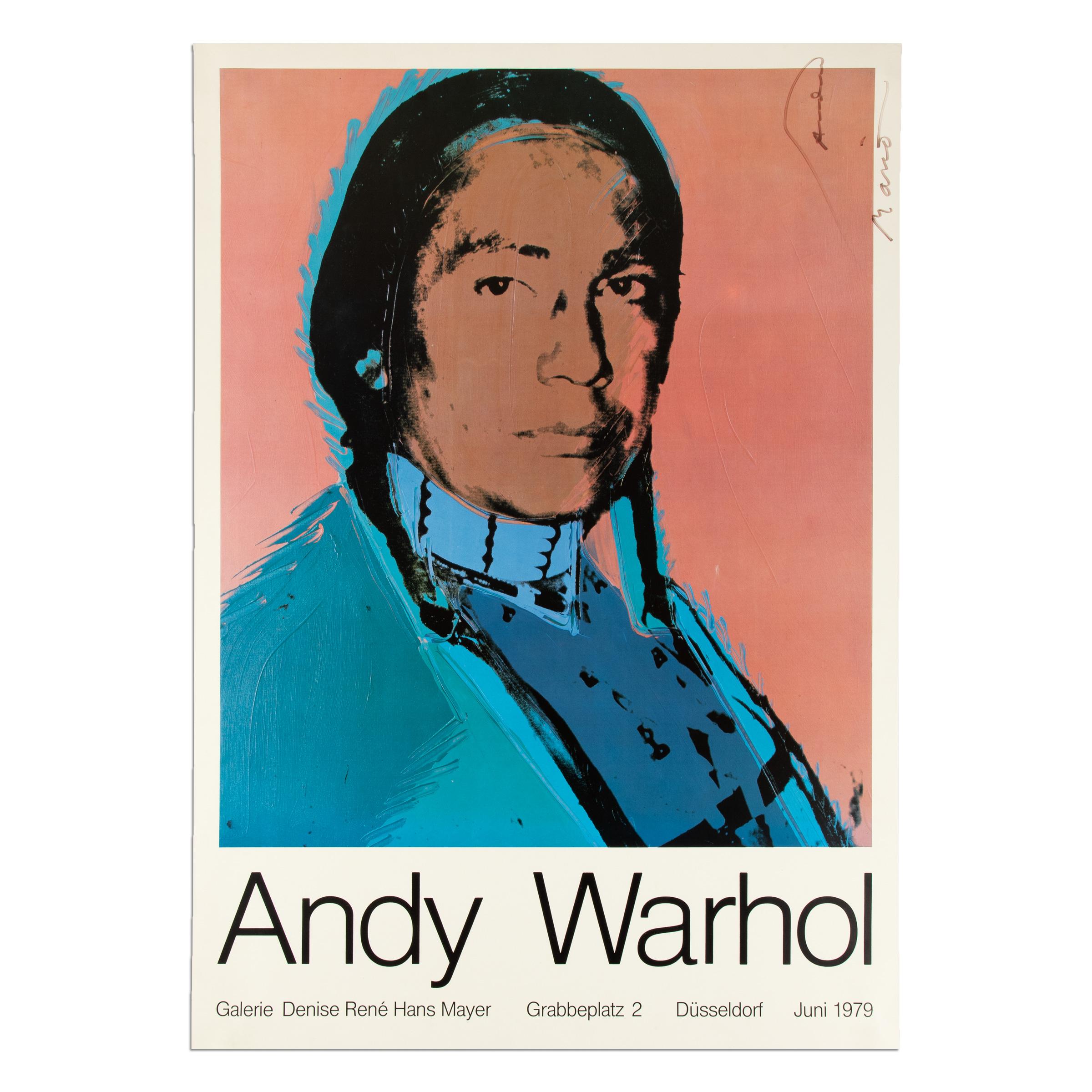 After Andy Warhol (1928-1987)
Russell Means (indio americano), 1979
Medio: Litografía offset sobre papel (cartel de exposición)
Dimensiones: 33 x 23 1/4 pulgadas (84 x 59 cm) 
Editorial: Galerie Denise René Hans Mayer, Düsseldorf
Marcas: Firmado a
