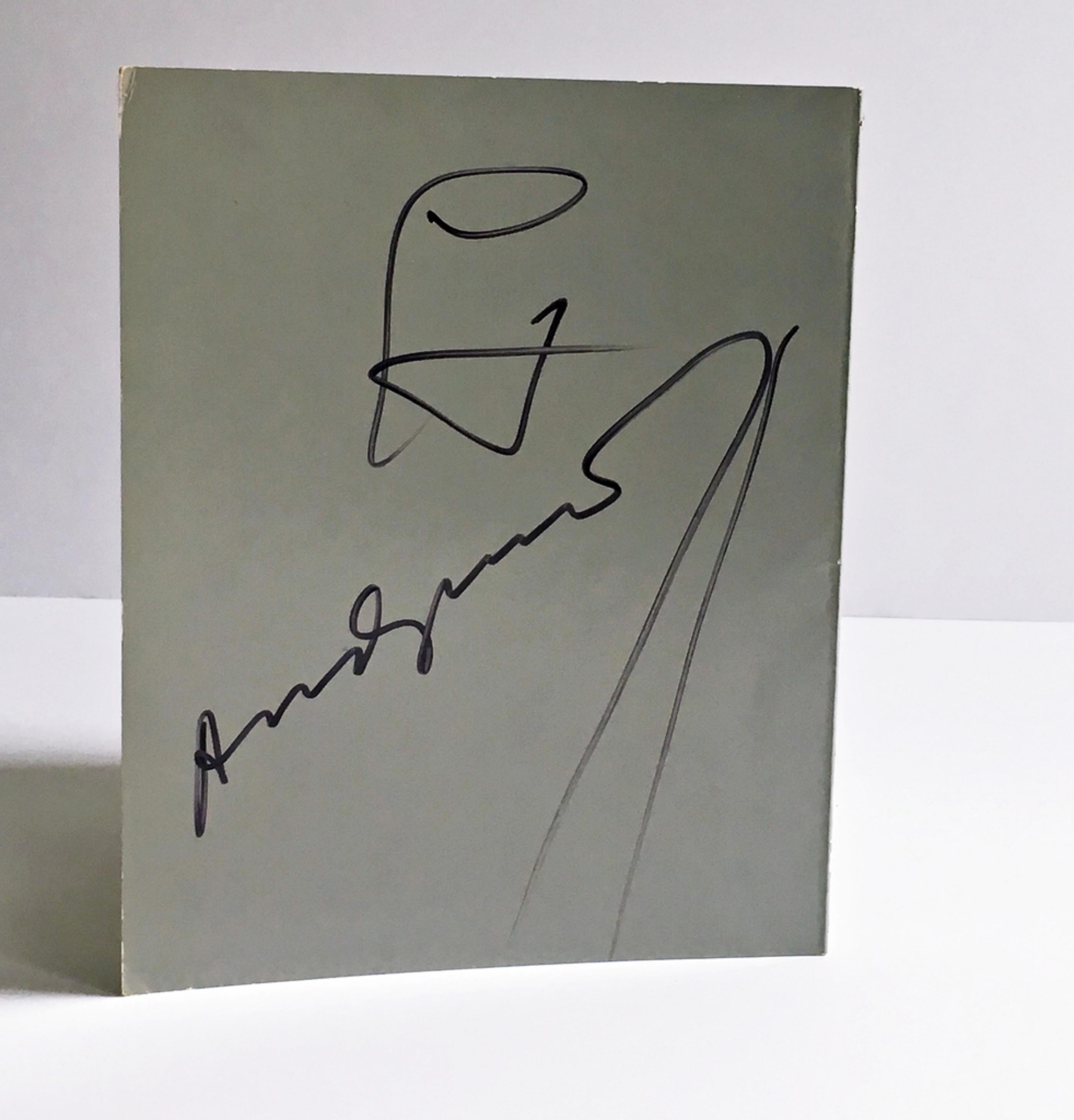 Andy Warhol
Andy Warhol at Pace/Columbus (Hand signed during official signing), 1978
Super rare Limited Edition Fold-out Offset lithograph invitation. 
Boldly signed and inscribed by Andy Warhol in black marker on the back flap.
7 3/10 × 11 1/2