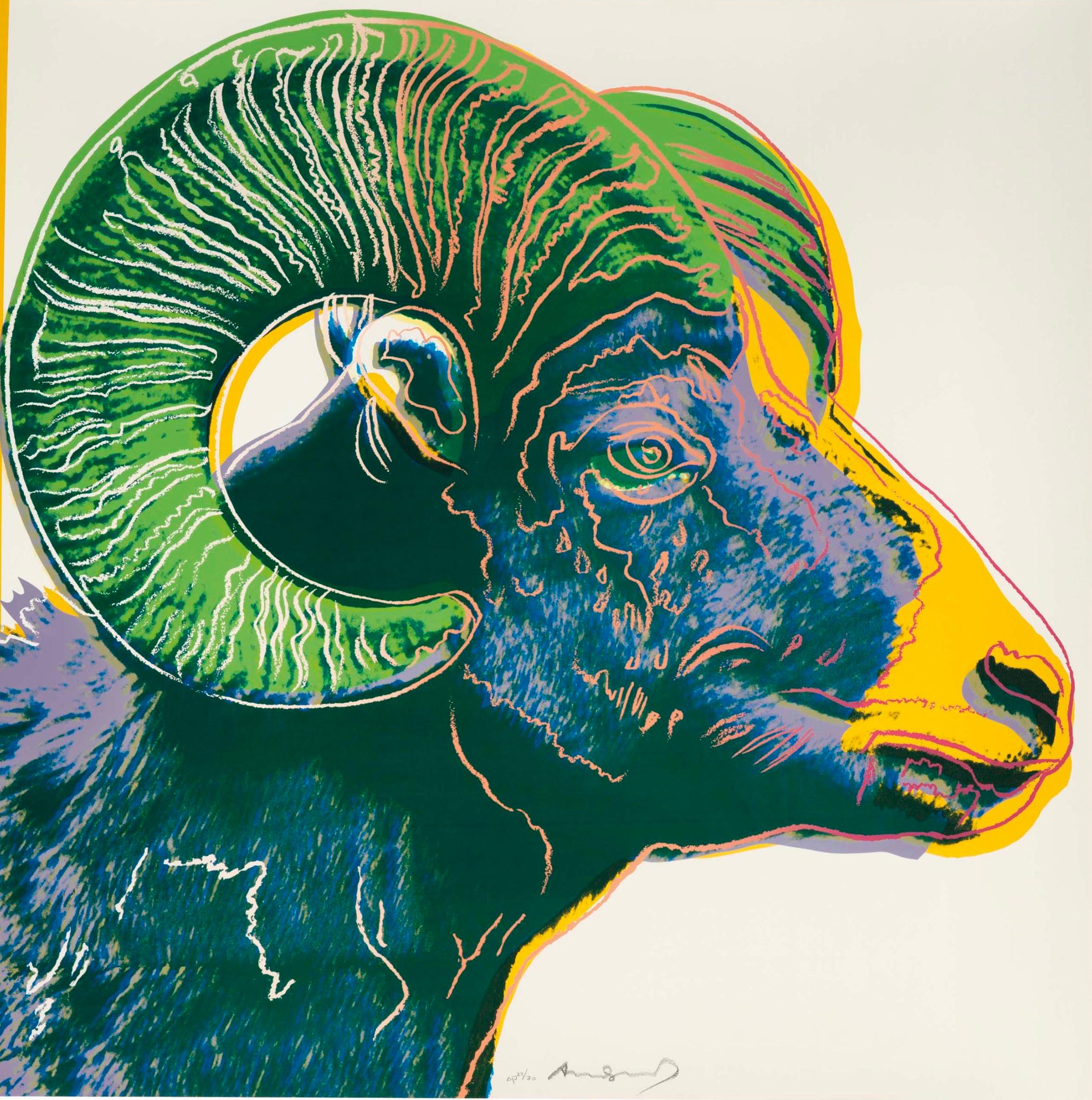 Artist: Andy Warhol
Medium: Original screenprint on Lenox Museum Board
Title: Bighorn Ram
Portfolio: Endangered Species
Year: 1983
Edition: 123/150
Signed: Hand signed in pencil
Sheet Size: 38" x 38"
Reference: Feldman II.302