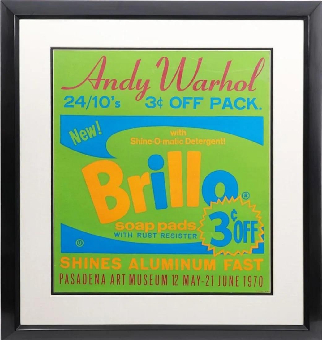 ANDY WARHOL 
Brillo Soap Pads - Pasadena Art Museum, 1970
Type- Screenprint
Paper Size: 30 x 26 in., 
Framed Sizze- 38 x 34
In excellent condition

Andy Warhol (American, 1928–1987) defined the Pop Art movement. Born Andrew Warhola in Pittsburgh,