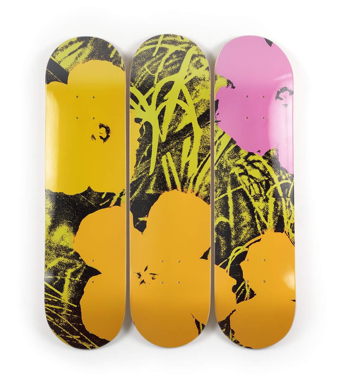 Andy Warhol FLOWERS (LIME/ORANGE)
Date of creation: 2019
Medium: Digital print on Canadian maple wood
Edition: 500
Size: 80 x 20 cm (each skate)
Condition: In mint conditions and never displayed
This work is formed by three skate decks made of 7 ply