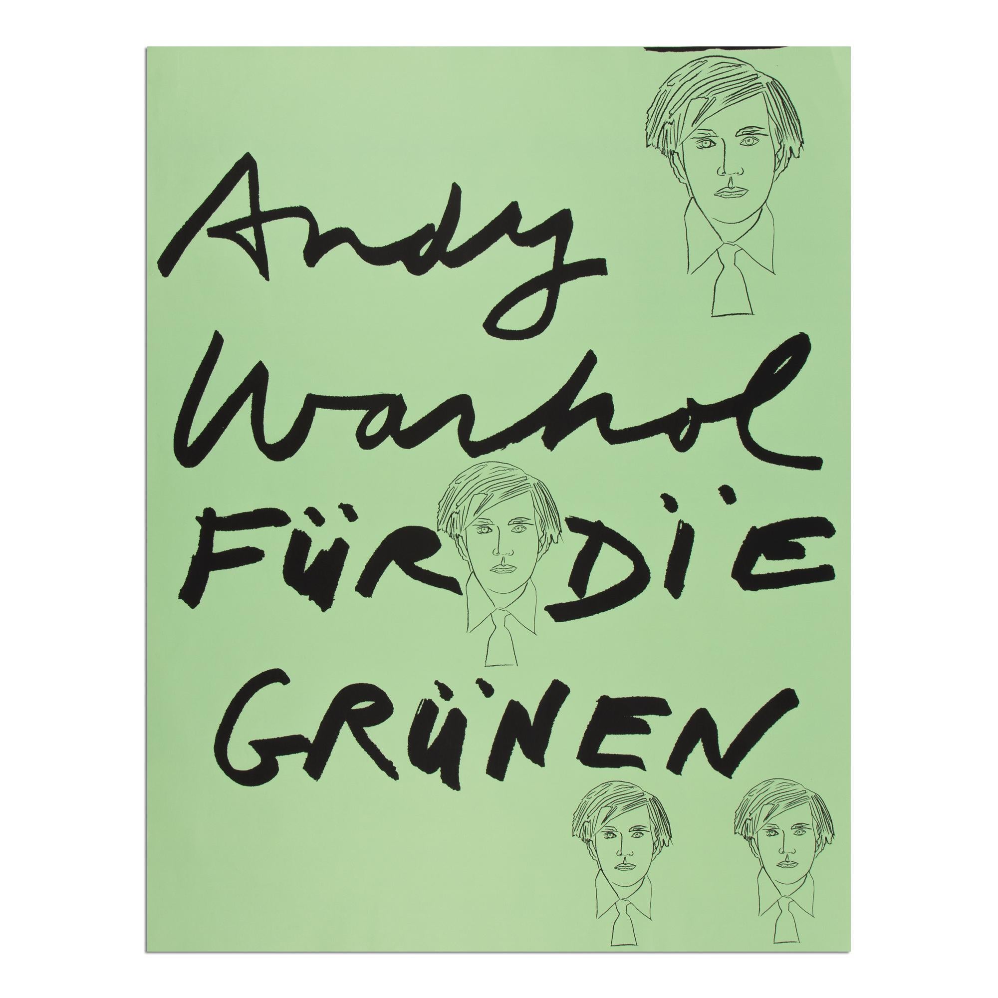 Andy Warhol (1928-1987)
Andy Warhol pour les Verts, 1980
Support : Sérigraphie sur papier (affiche électorale)
Dimensions : 101 x 77 cm
Taille de l'édition inconnue : Non signé, non numéroté
Éditeur : F.I.U. Free International University, Düsseldorf