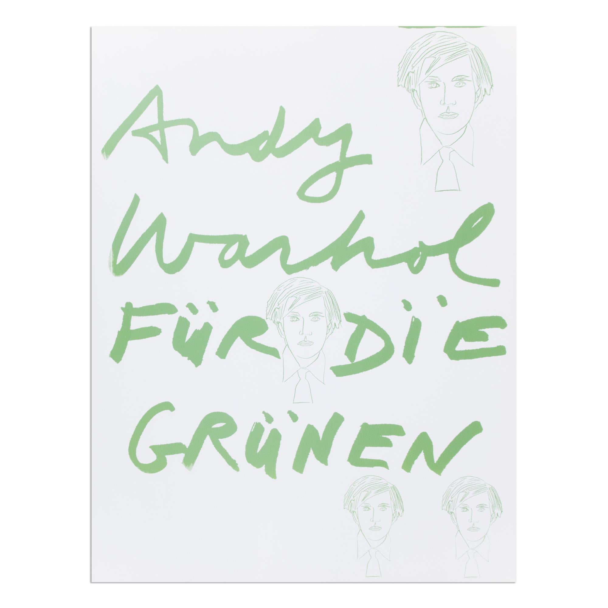 Andy Warhol (1928-1987)
Andy Warhol für die Grünen, 1980
Medium: Siebdruck auf Papier (Wahlplakat)
Abmessungen: 101 x 77 cm
Auflagenhöhe unbekannt: Nicht signiert, nicht nummeriert
Herausgeber: F.I.U. Freie Internationale Universität, Düsseldorf