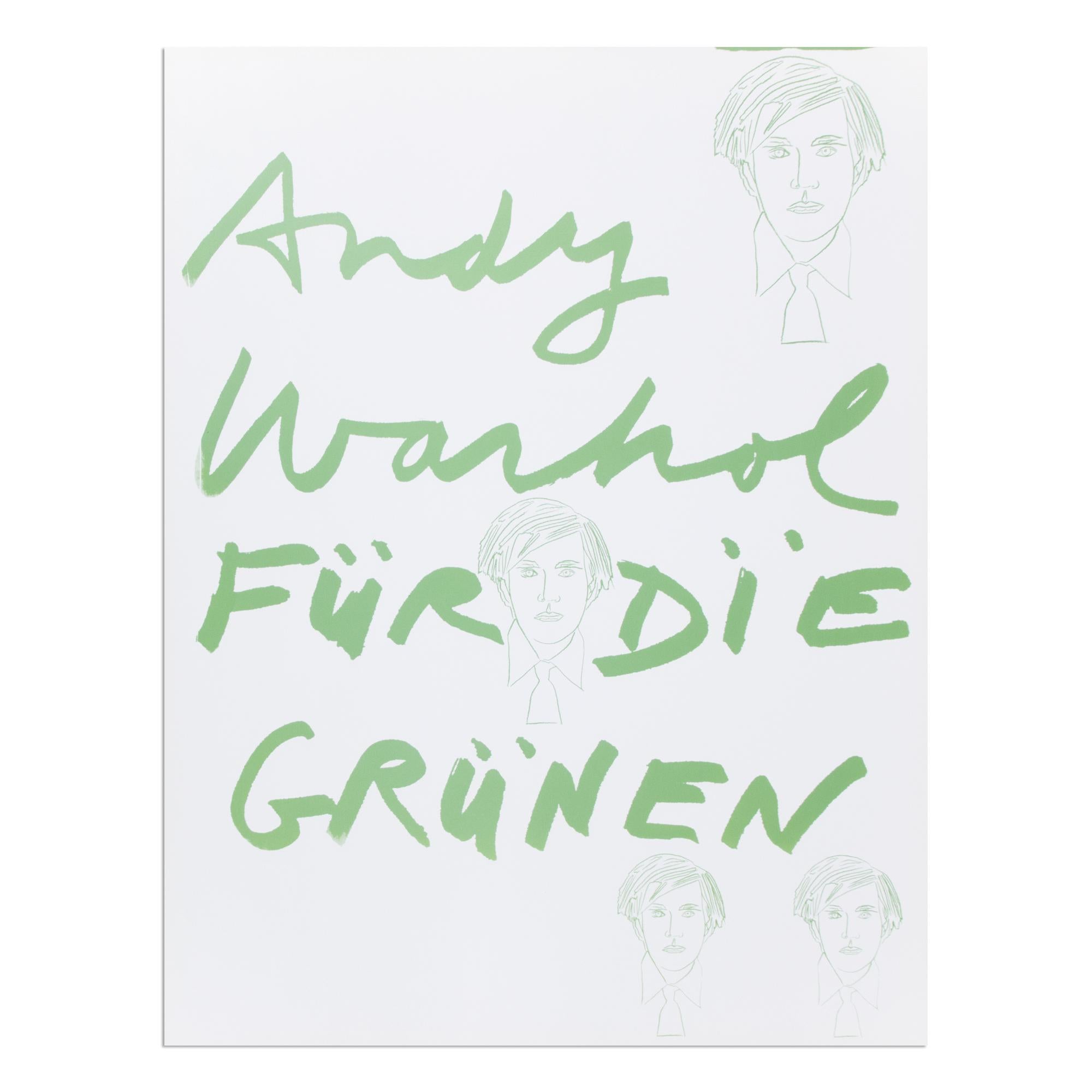 Andy Warhol (1928-1987)
Andy Warhol für die Grünen, 1980
Soporte: Serigrafía sobre papel (cartel electoral)
Dimensiones: 101 x 77 cm
Tamaño de edición desconocido: No firmada, no numerada
Editorial: F.I.U. Universidad Internacional Libre de