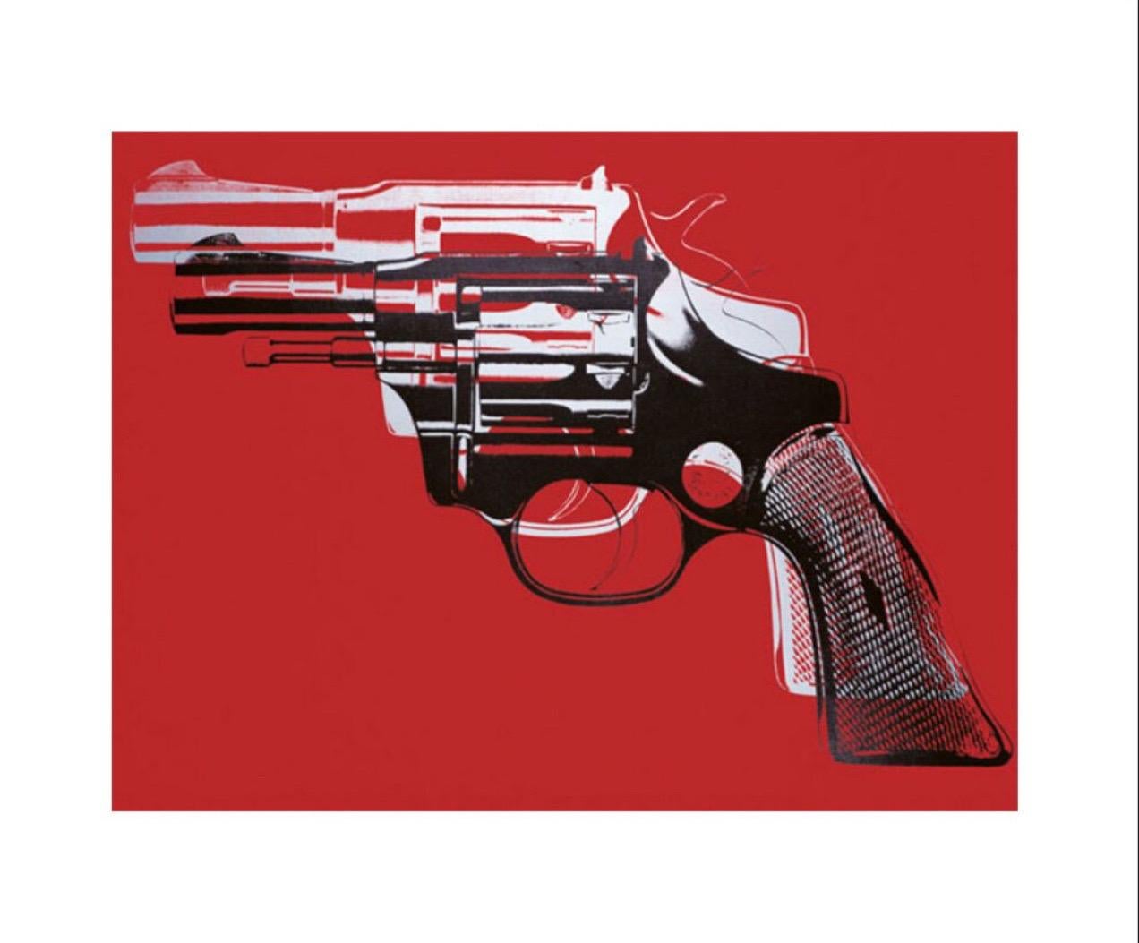 Andy Warhol, Guns (white and black on red)

250gsm coated graphic paper

Image size 20 × 29 cm (7.87 x 11.41 in) 
Paper size 28 × 36 cm (11.02 x 14.17 in) 

In August 1962, Andy Warhol began to generate the imagery for his painting from photographs