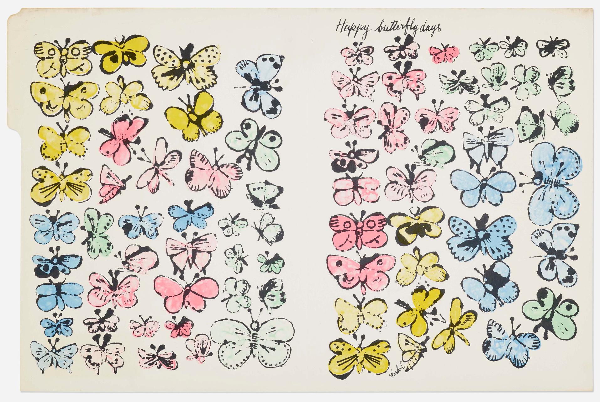 ANDY WARHOL (1928-1987)

Happy Butterfly Days" (1955) d'Andy Warhol est une lithographie offset largement coloriée à la main. Alors qu'il travaillait comme artiste commercial au début de sa carrière, Andy Warhol a créé des dossiers promotionnels