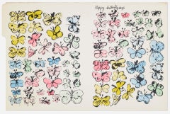 Vintage Andy Warhol 'Happy Butterfly Days' Offset Lithograph with Hand Coloring 1955