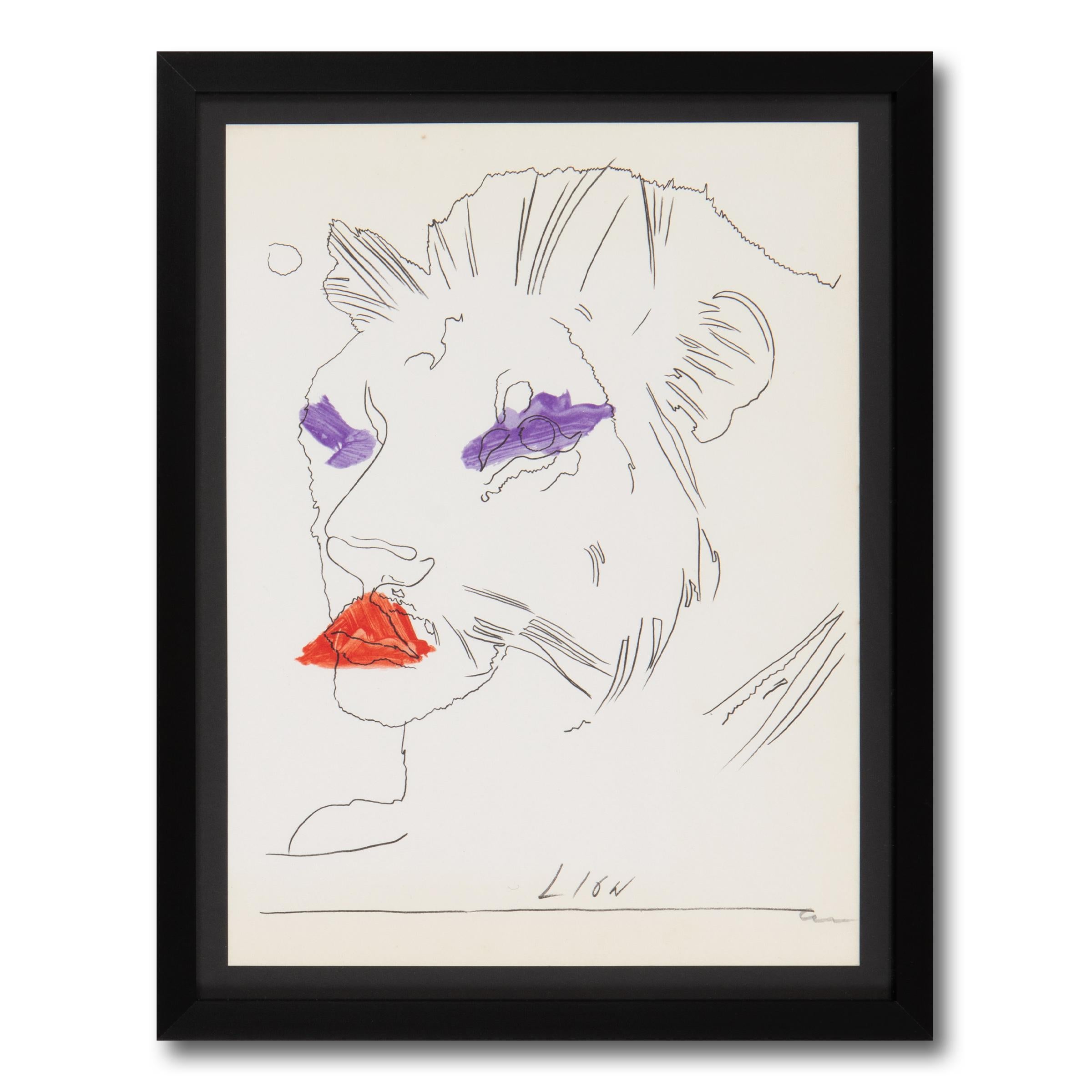 Andy Warhol (American, 1928-1987)
Lion, 1975
Medium: Offset lithograph on wove paper
Print dimensions: 28 × 20 cm (11 × 7 9/10 in)
Frame dimensions: 32.8 x 25.8 x 2.9 cm (13 x 10 x 1 in)
Edition of 5000: Hand-signed and numbered, blind-stamped by