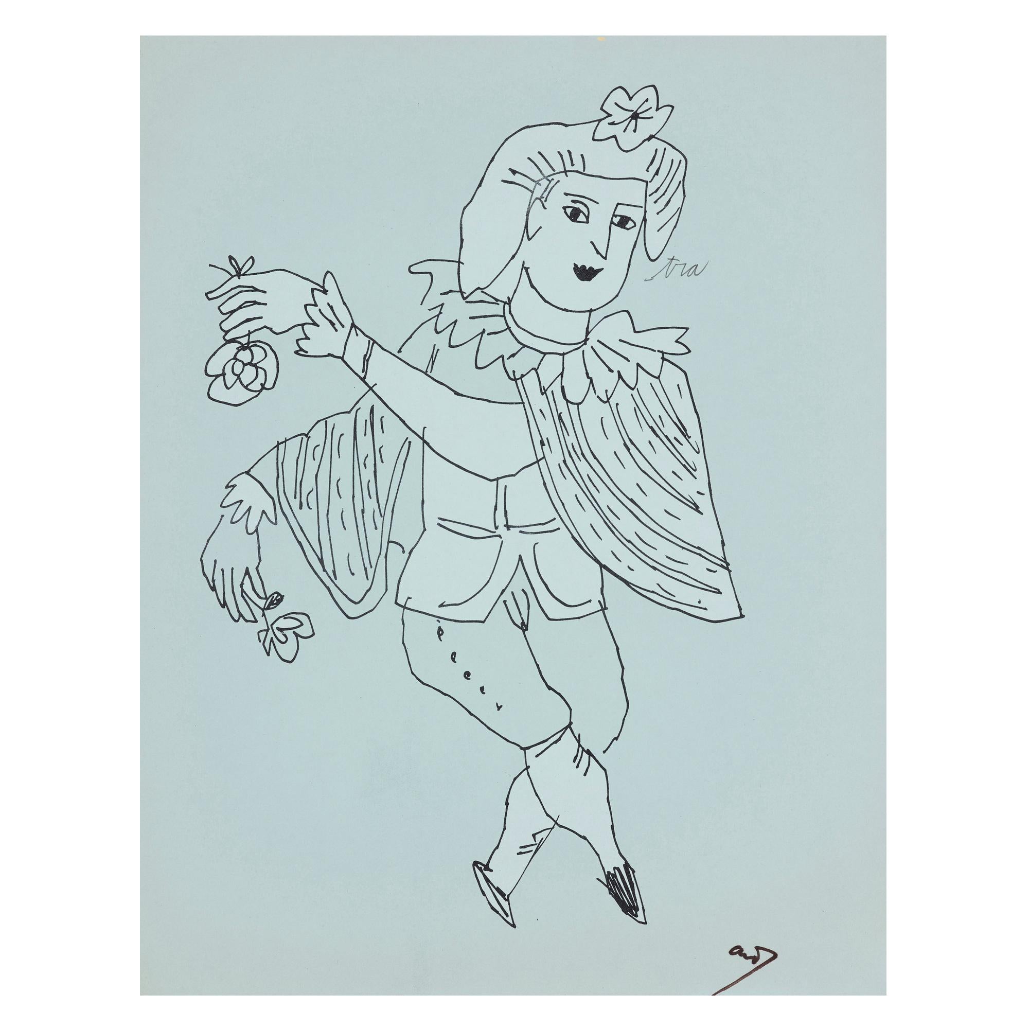 Andy Warhol lithograph from Love is a Pink Cake 1953:
Hand-signed 1950's Andy Warhol lithograph featuring a figure dancing with flowers. This individual work is from the portfolio 'Love is a Pink Cake' (originally a collection of 25 works printed on