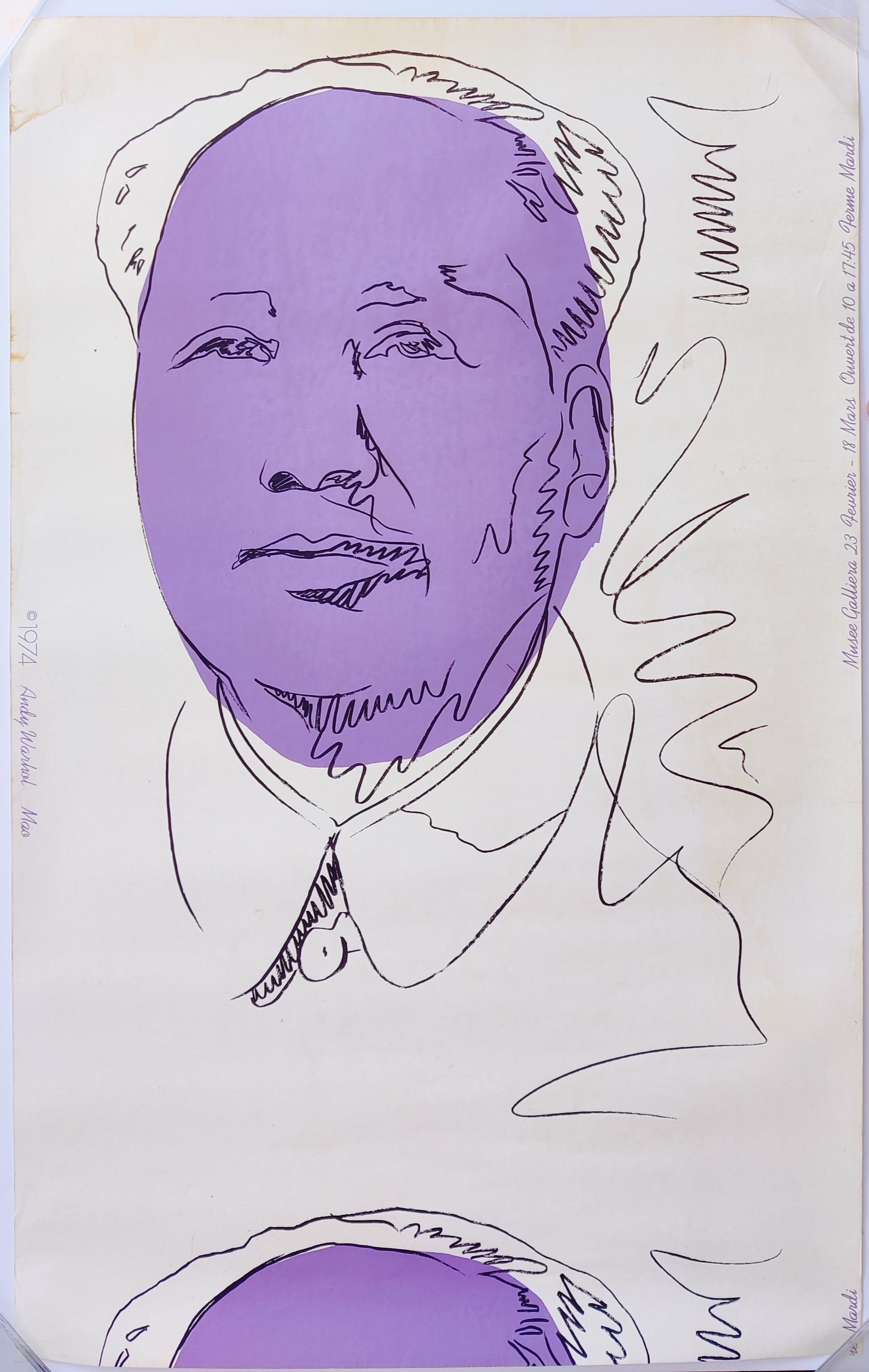 Andy Warhol
Mao (papier peint) 
1974
Sérigraphie en couleurs, sur papier peint
Taille de la feuille. 118 x 72 cm 
Une partie de l'installation originale de l'exposition Andy Warhol : Mao au Musée Galliera, Paris, du 23 février au 18 mars