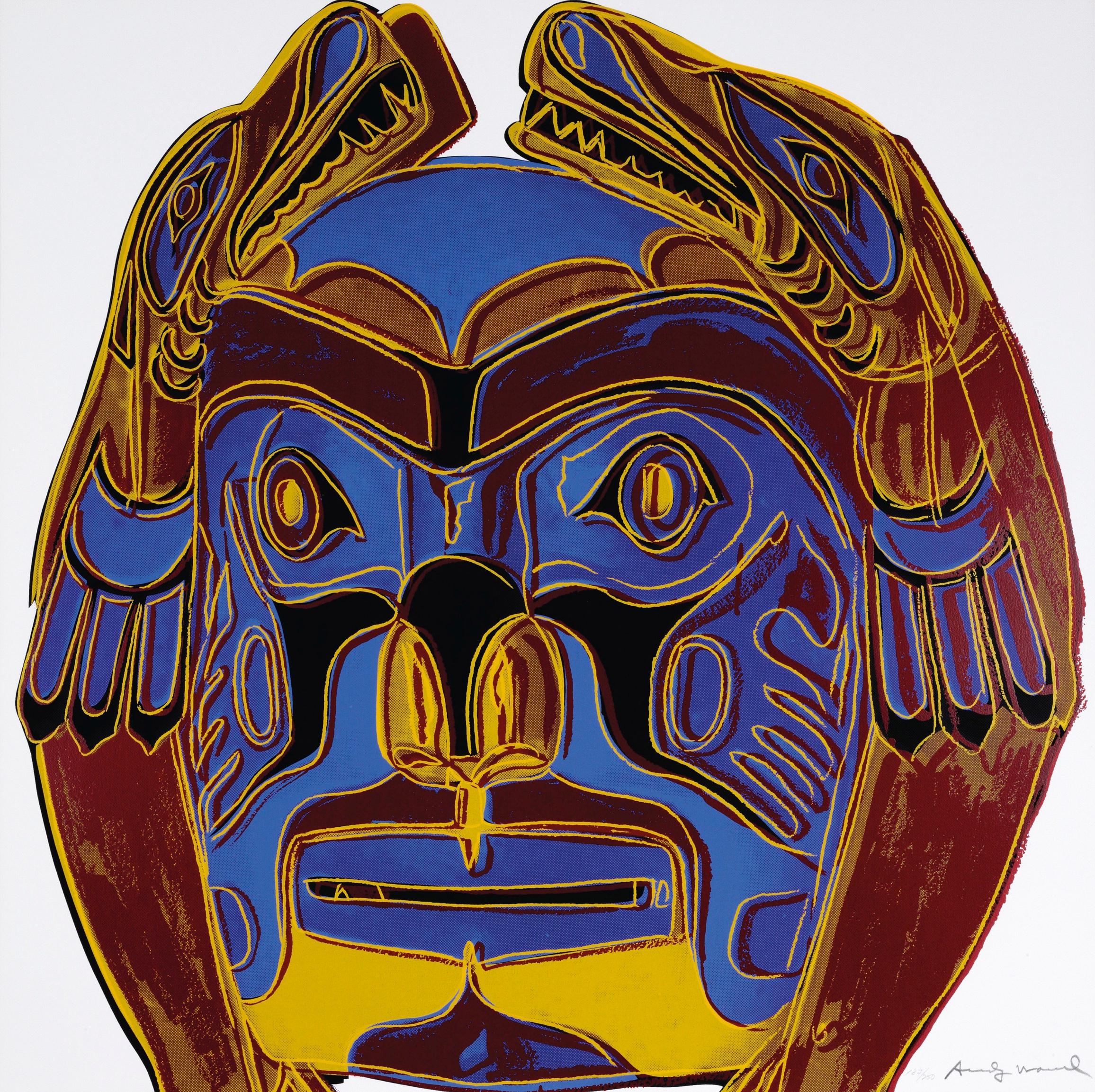 Artist: Andy Warhol
Medium: Original screenprint on Lenox Museum Board
Title: Northwest Coast Mask
Portfolio: Cowboys and Indians
Year: 1986
Edition: HC 7/15
Signed: Hand signed in pencil
Sheet Size: 36" x 36"
Reference: Feldman II.380