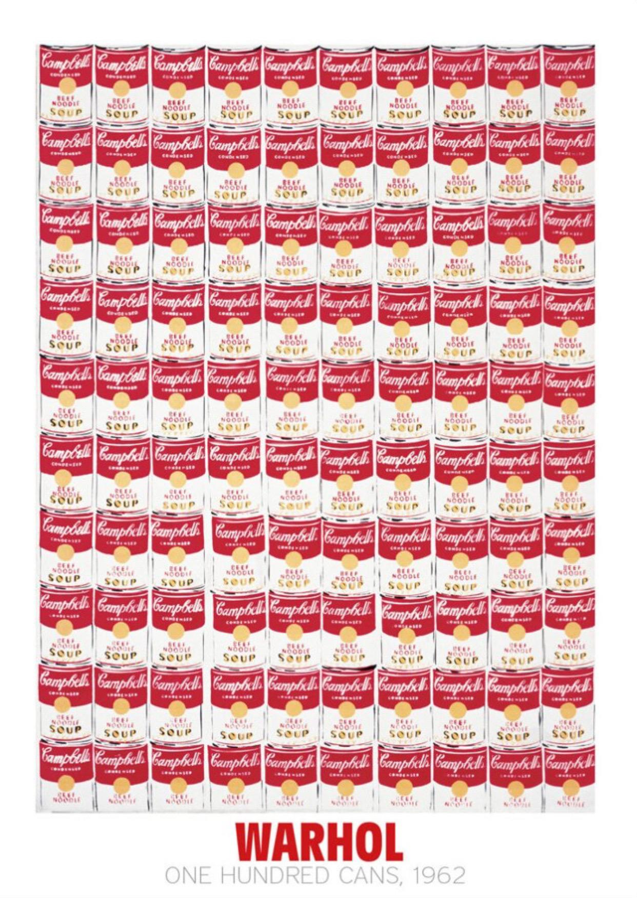Andy Warhol, Ein Hundred Cans, 1962

Mattes 250 g/m² konserviertes Digitalpapier

Größe 65 x 90 cm (25,59 x 35,43) 

Dieser Druck wird mit einem Rand versehen, der den Namen des Künstlers, den Titel des Drucks und die Verlagsangaben am unteren Rand