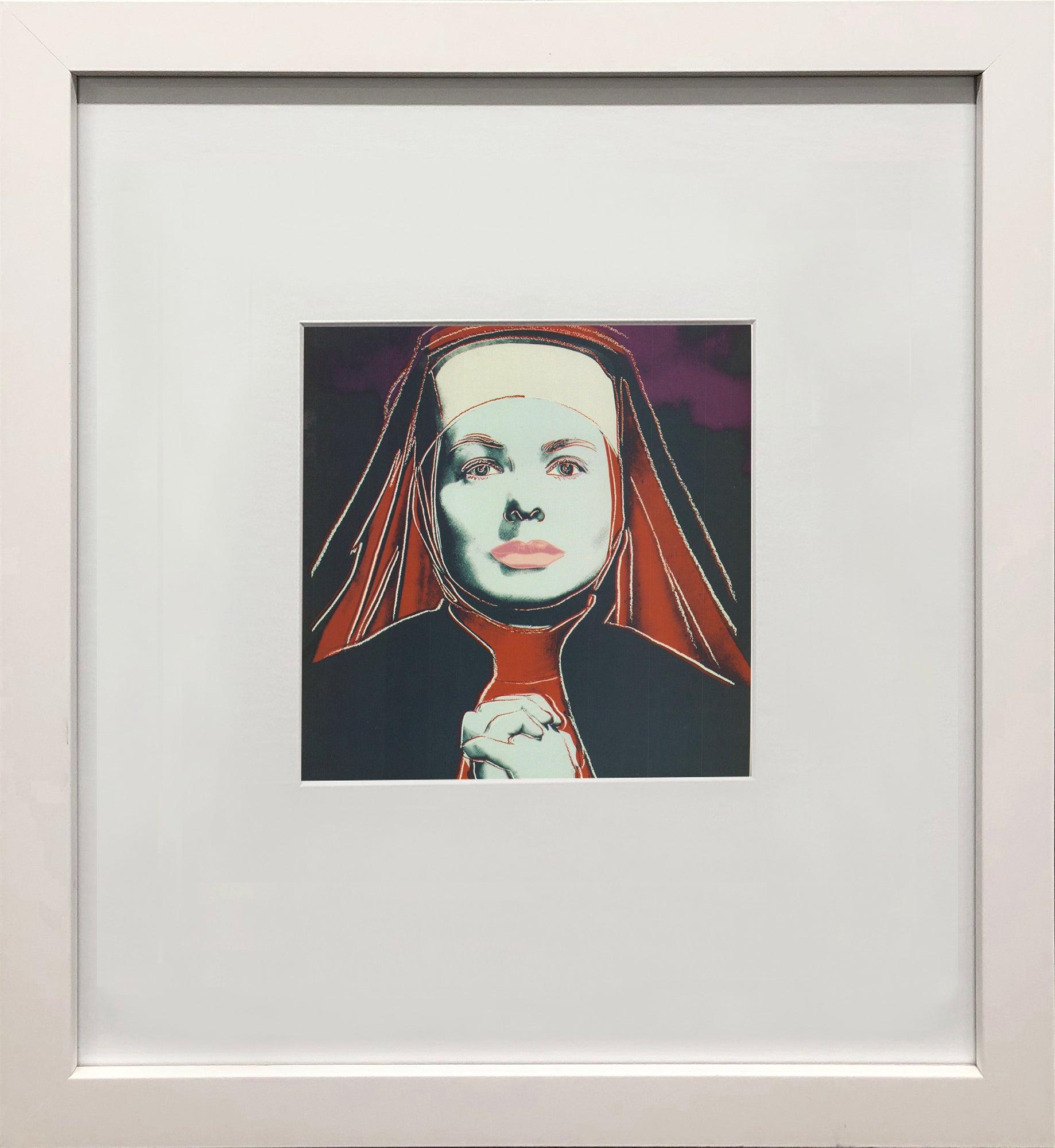 Portrait of Ingrid Bergman as a nun from "The Bells of St. Mary," rendered in Warhol's signature style published by Galerie Borjeson. Known for his bold, repetitive portrait style, Warhol transformed Bergman’s screen presence into pop culture art