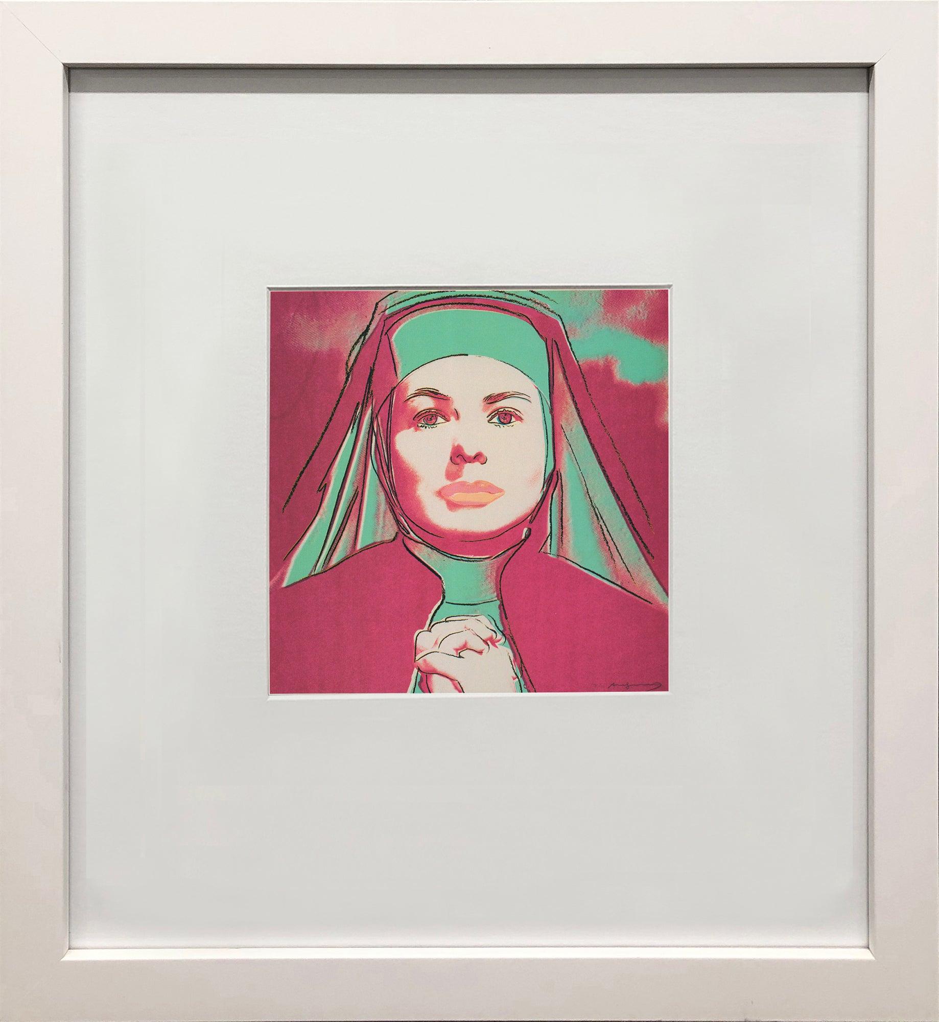 Portrait of Ingrid Bergman as a nun from "The Bells of St. Mary," rendered in Warhol's signature style published by Galerie Borjeson. Known for his bold, repetitive portrait style, Warhol transformed Bergman’s screen presence into pop culture art